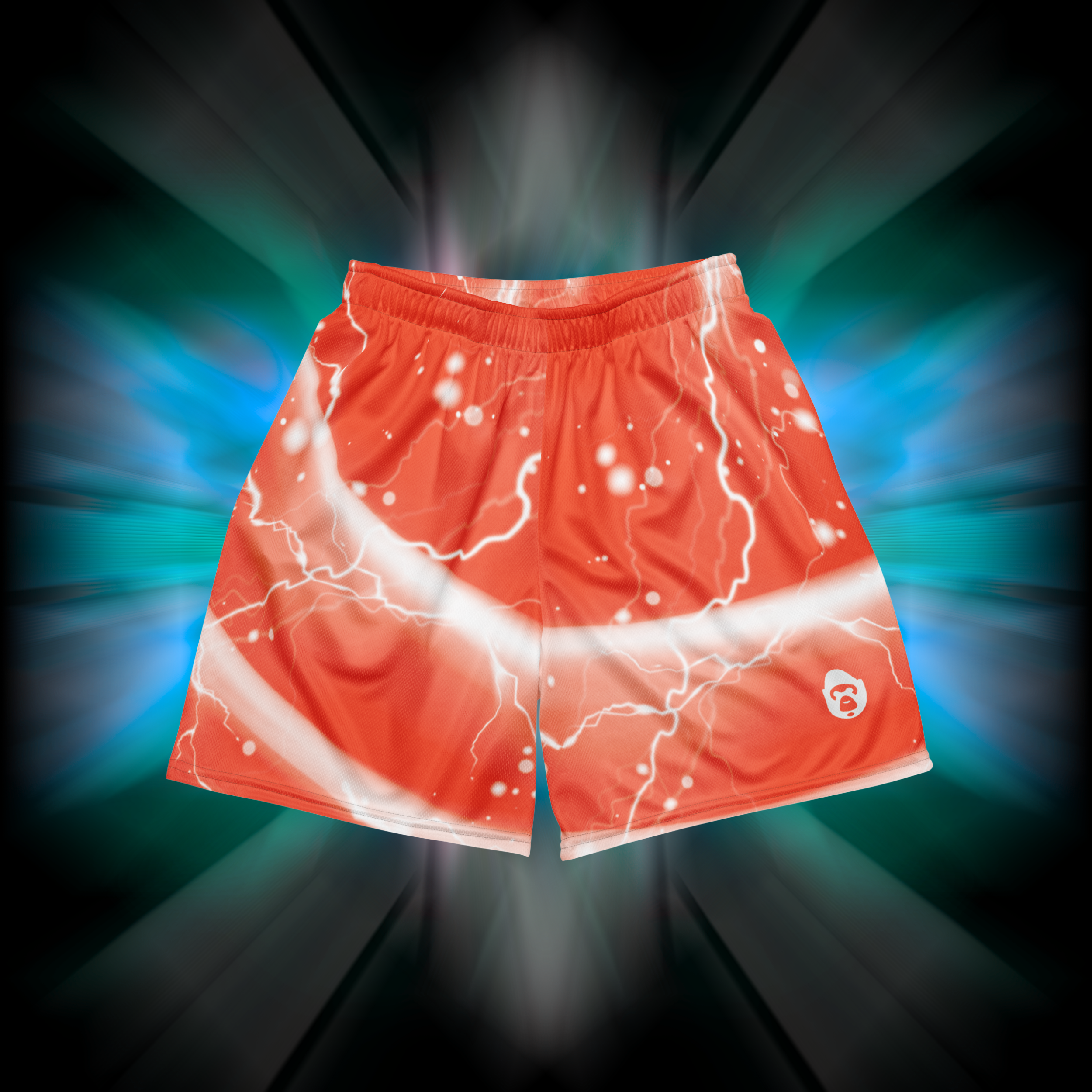 Apesthetics Gogeta orange lightning print mesh shorts front view — gym streetwear