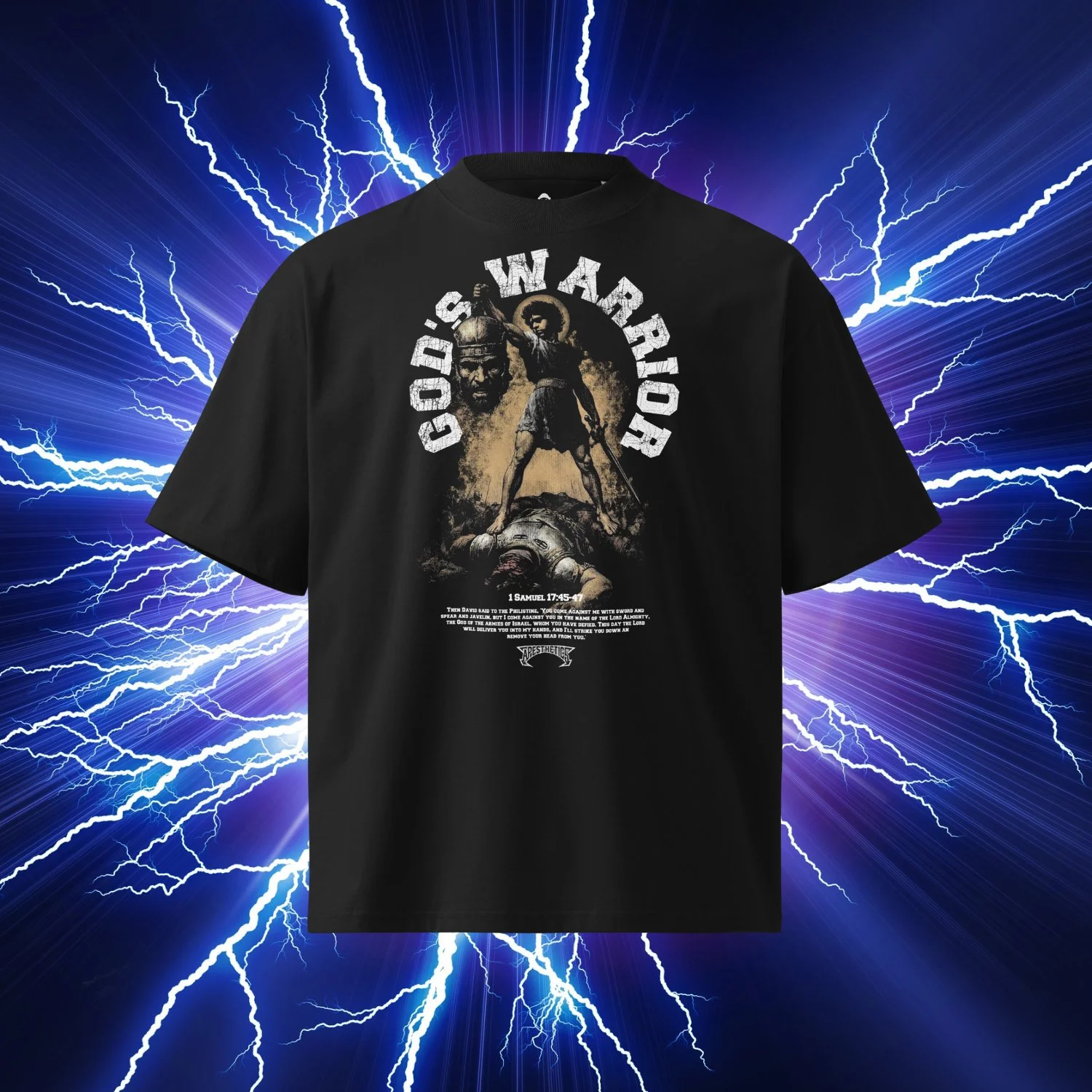 Black God's Warrior t-shirt with David Standing over Goliath graphic and 1 Samuel 17:45-47 verse, Apesthetics