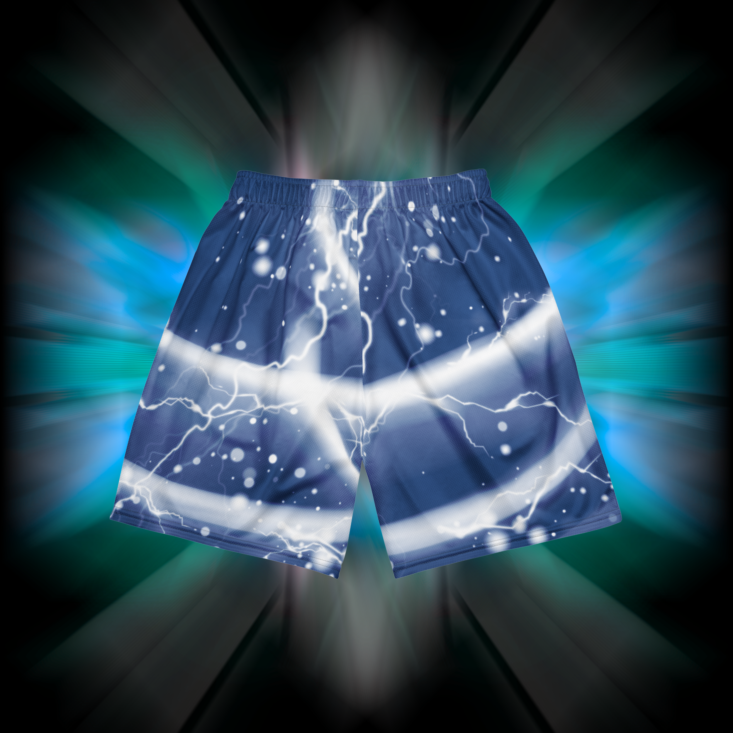 Apesthetics Gogeta blue lightning print mesh shorts rear view — gym streetwear