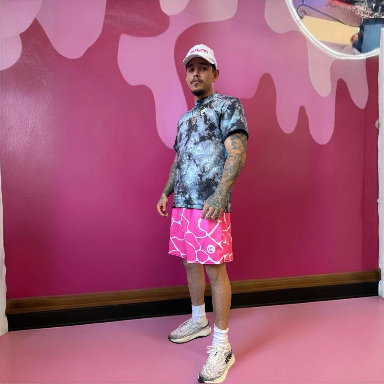 Apesthetics Cement mesh shorts pink men’s gym streetwear outfit  white pattern men’s gym streetwear outfit