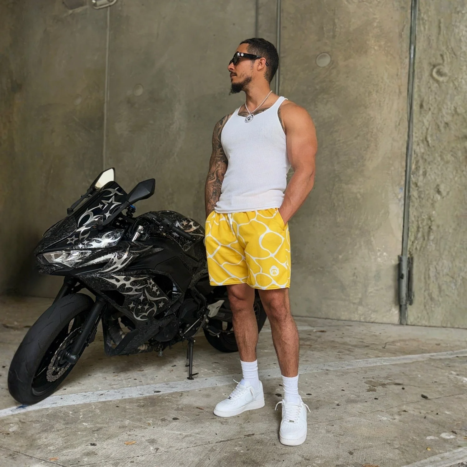Apesthetics Cement yellow white mesh shorts model view — men's gym streetwear