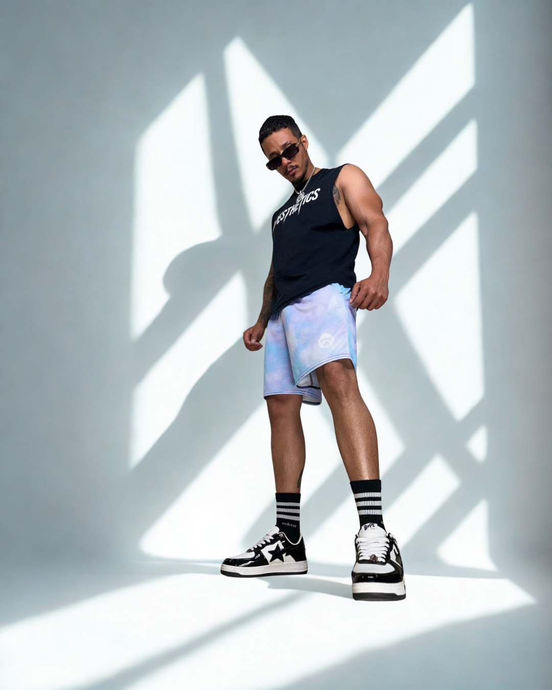 Apesthetics Vegito mesh shorts white men’s gym streetwear outfit blue purple pattern men’s gym streetwear outfit