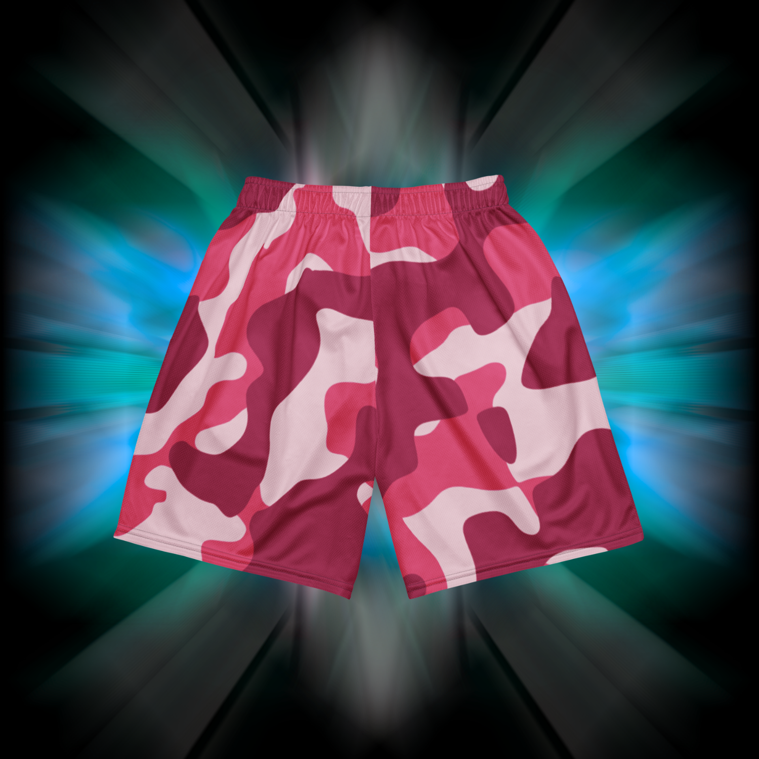 Apesthetics Opps pink camo mesh shorts rear view elastic waistband — gym streetwear