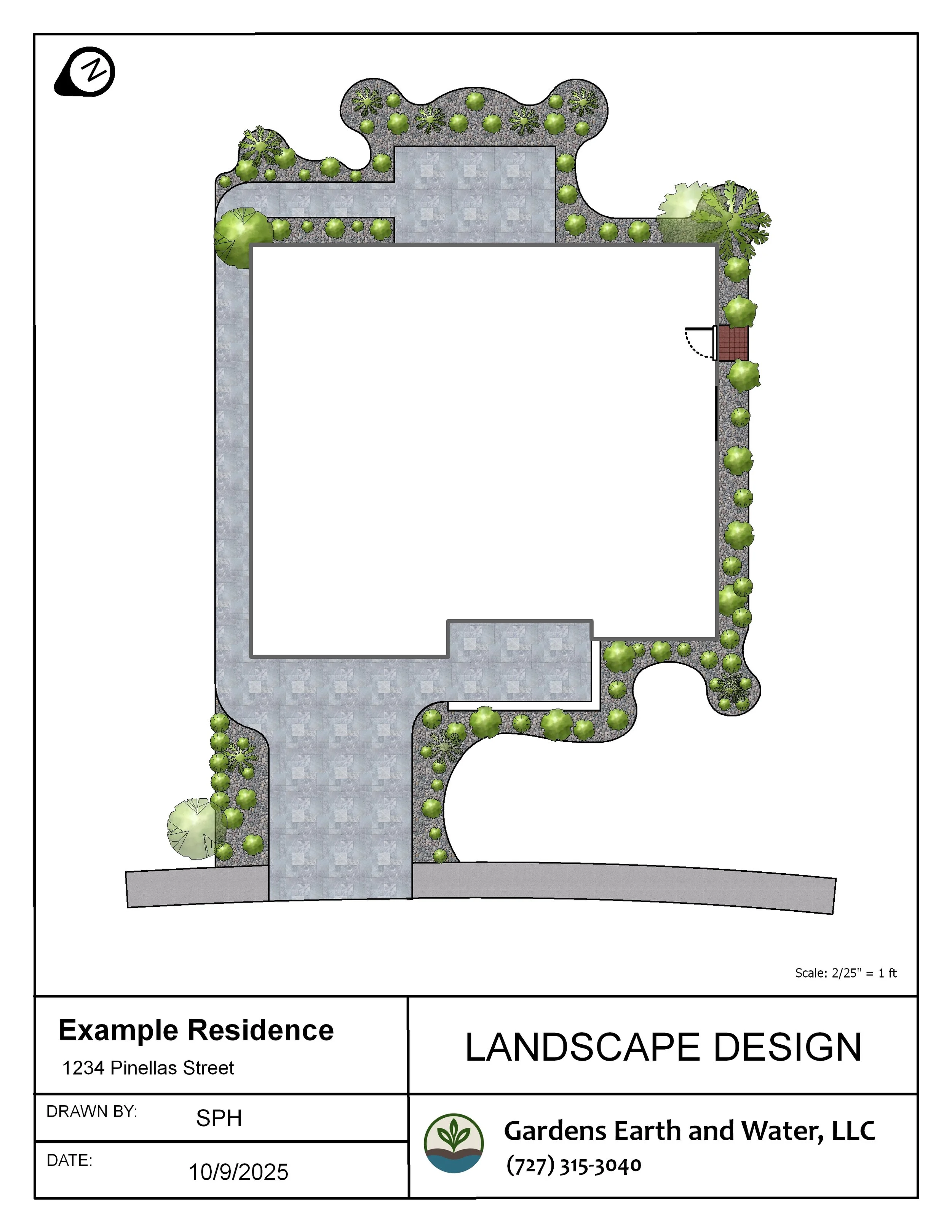 Landscape design plan for a residential property with a paved driveway, garden beds, trees, and shrubbery surrounding a house.