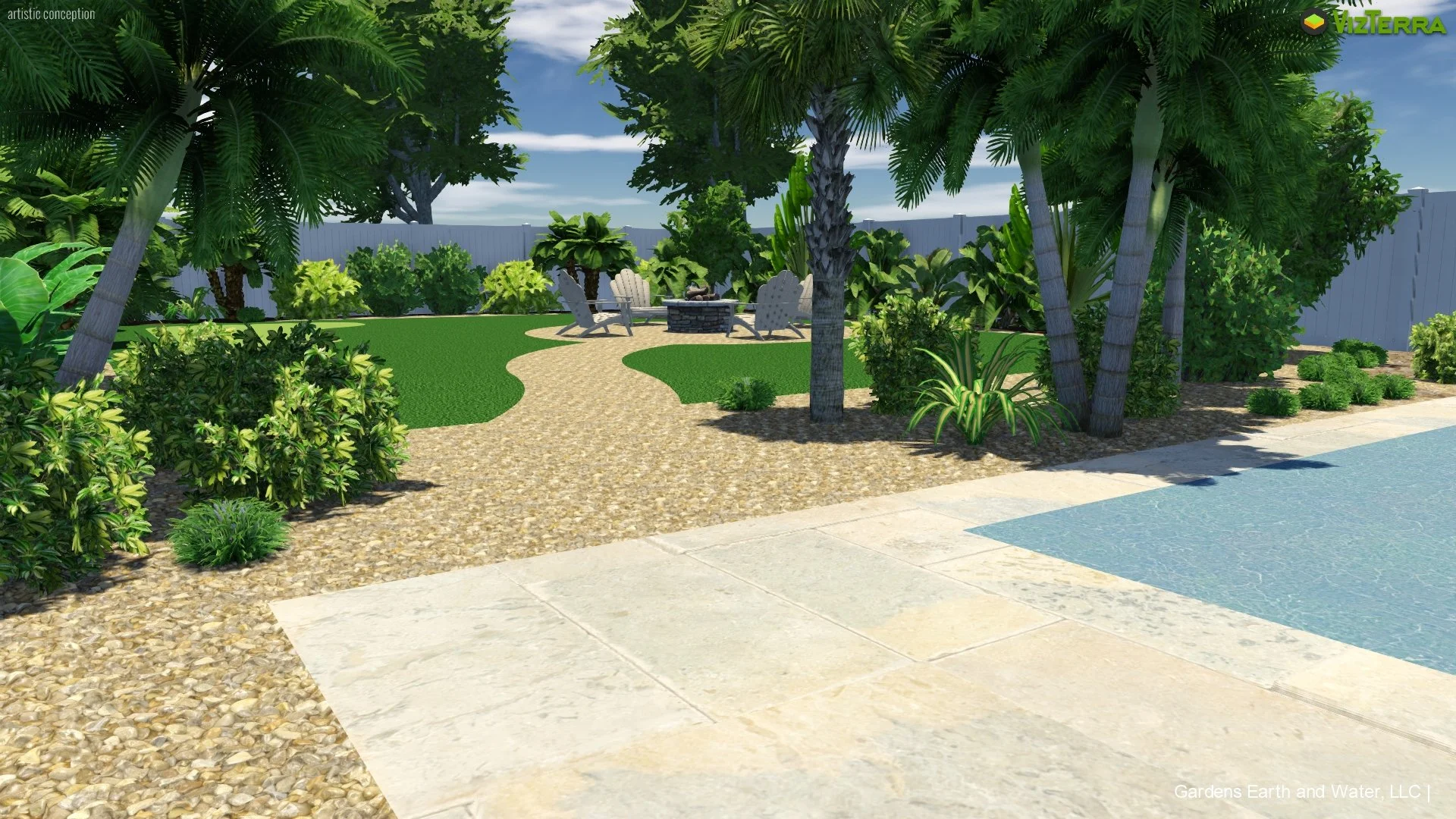 A landscaped backyard with a swimming pool, beige stone patio, a gravel pathway, lush green bushes and trees, and a sitting area with Adirondack chairs around a fire pit.