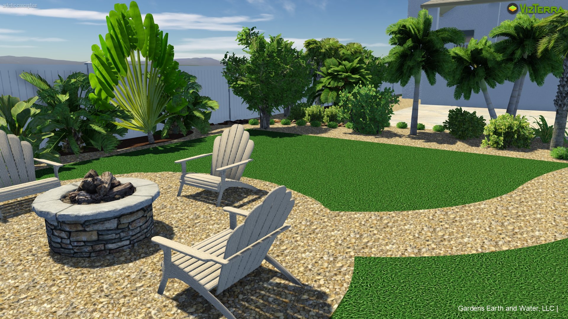 A landscaped backyard garden with a fire pit surrounded by three white Adirondack chairs on gravel, green lawn patches, and lush tropical plants and trees, under a blue sky.