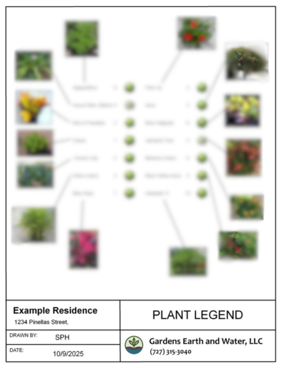 A garden plant legend chart showing images and names of various plants, with arrows linking pictures to their corresponding names displayed in the center.