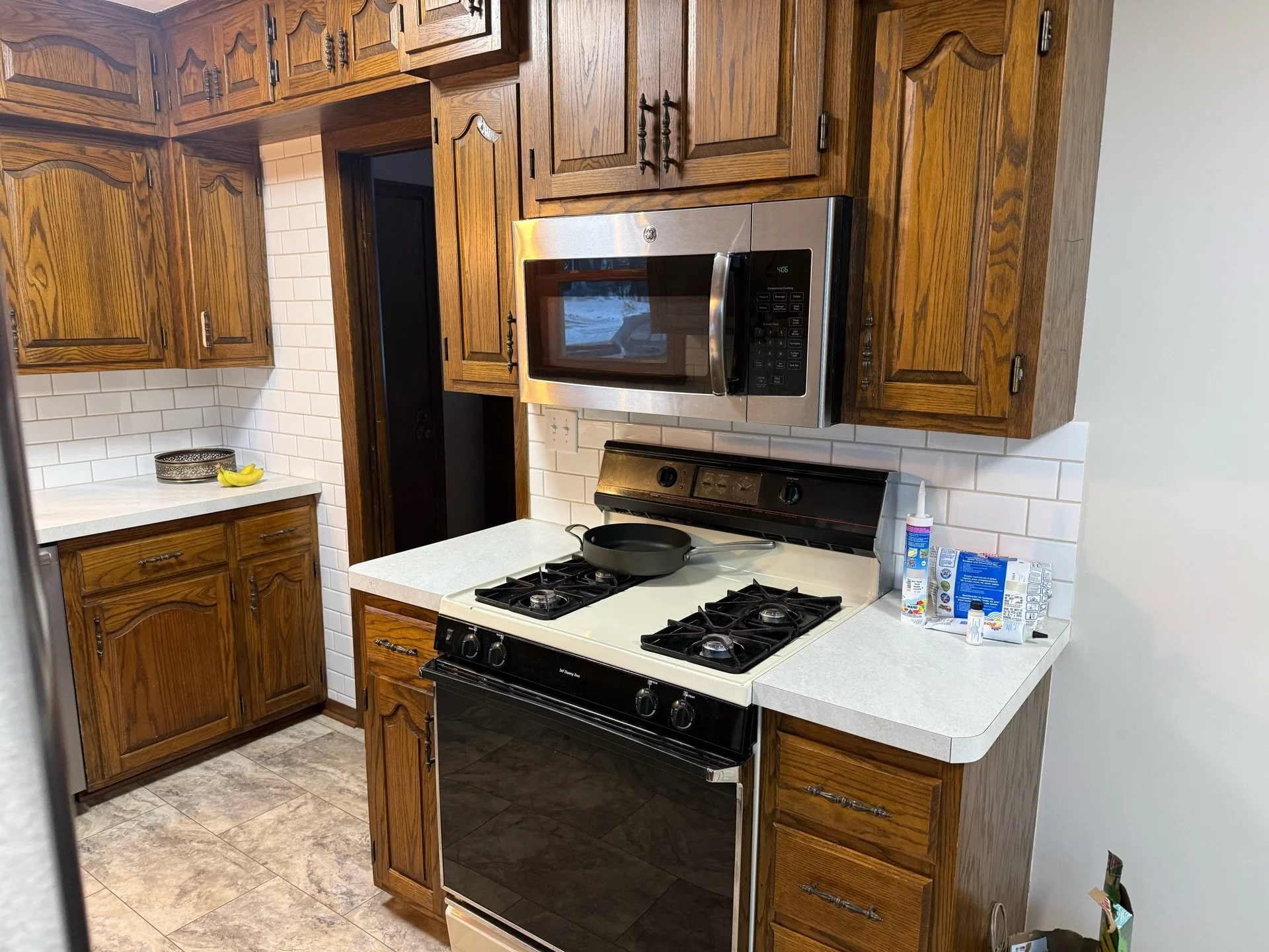 Kitchen countertop and backsplash detail near stove in Roseville, MN remodel