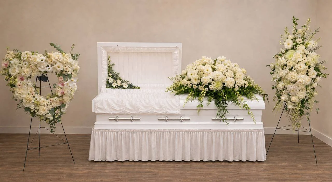 Complete funeral flowers package with a casket spray, open-heart floral tribute, tall standing spray, and inside-casket flowers