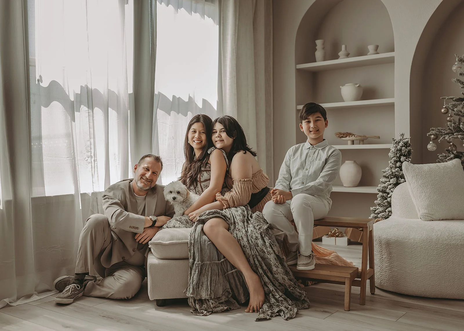 Holiday family photographer Sacramento foothills, studio Christmas session with warm natural light
