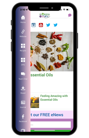 Smartphone screen displaying an app with essential oils, including bottles and scattered herbs and spices on a white surface.