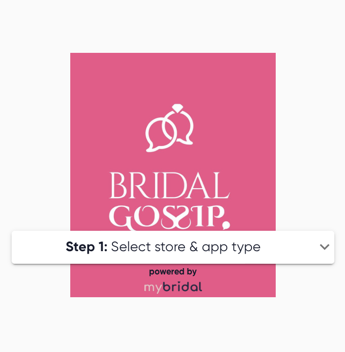 Pink app screen with a wedding ring illustration at the top, the text "BRIDAL GOSSIP" in white, and a small "powered by mybridal" logo at the bottom.