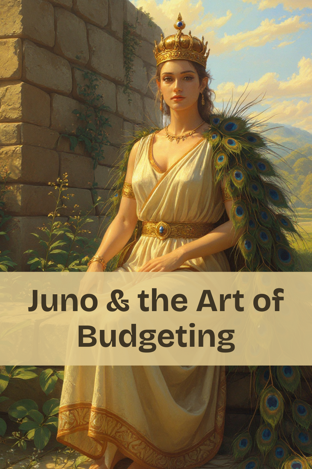 Goddess Juno wearing a crown and a cape made of peacock feathers. The title says Juno and the art of budgeting.
