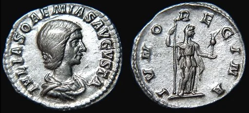 the front and back of a Roman coin with Juno's face on the front and standing on the back.