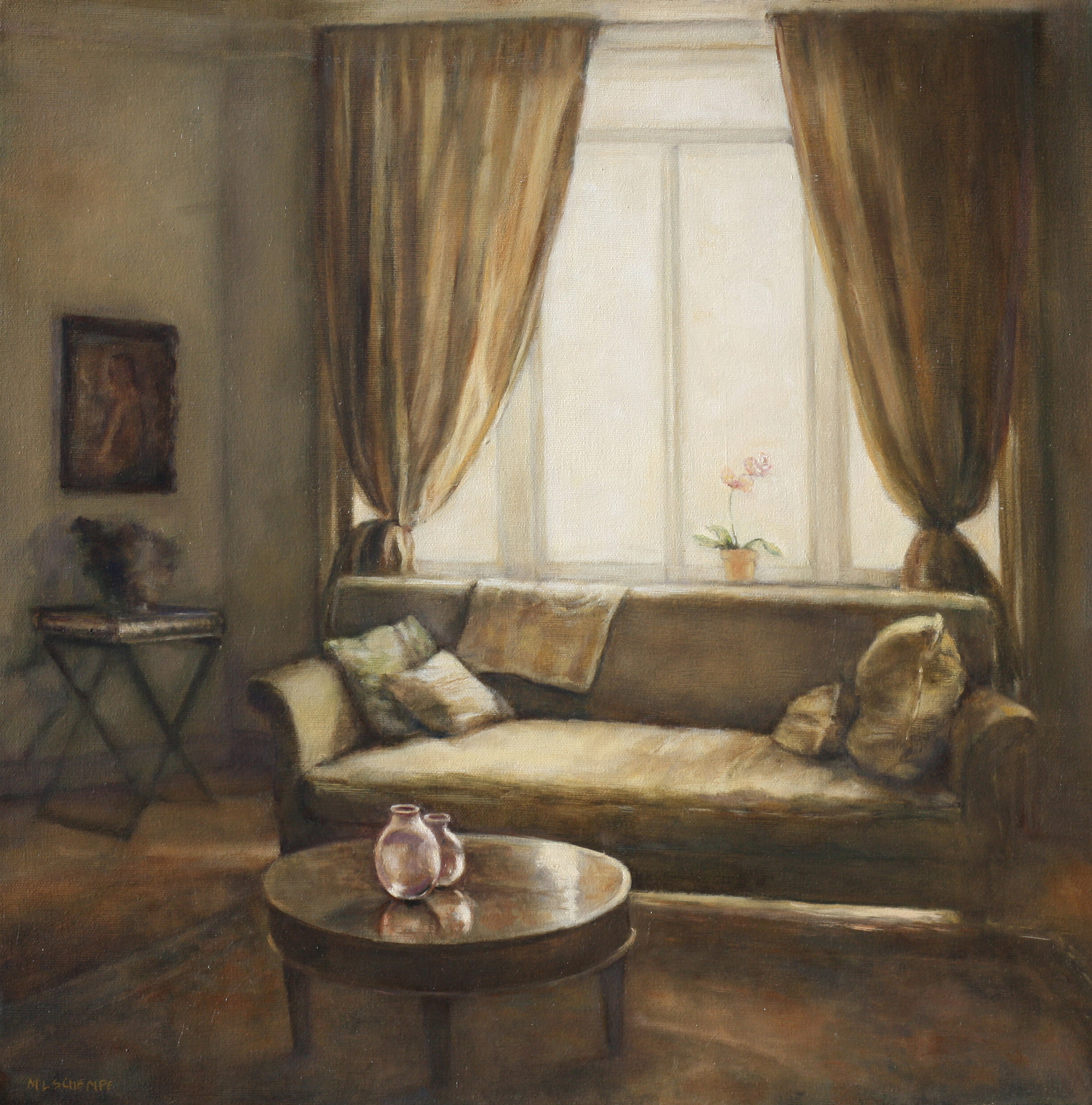 Mary Lou Schempf  Interior with Afternoon Light,  18” x 18”, oil on canvas  (private collection)  