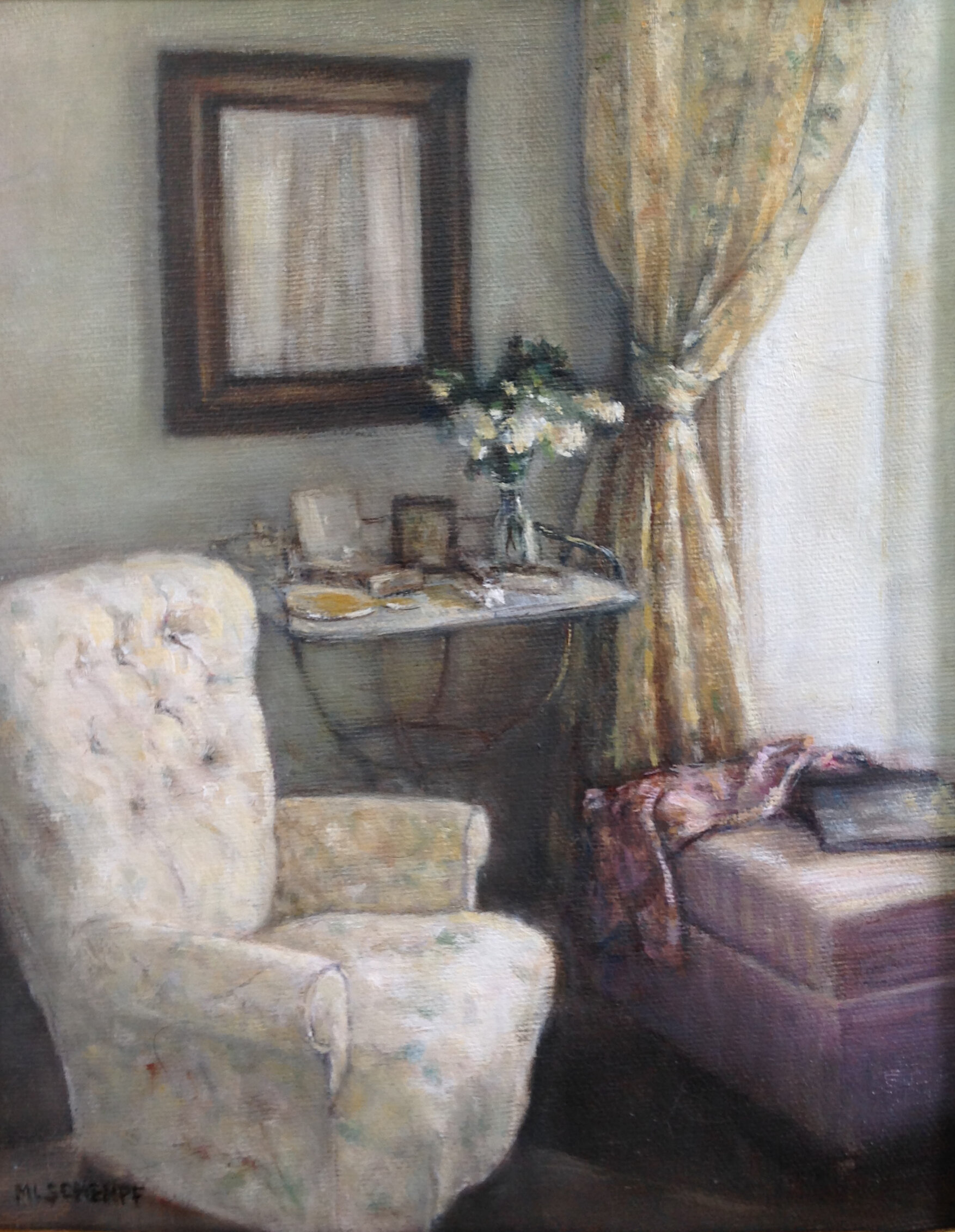   Mary Lou Schempf   Interior with Chair,  8” x 10”, oil on canvas  (private collection)  