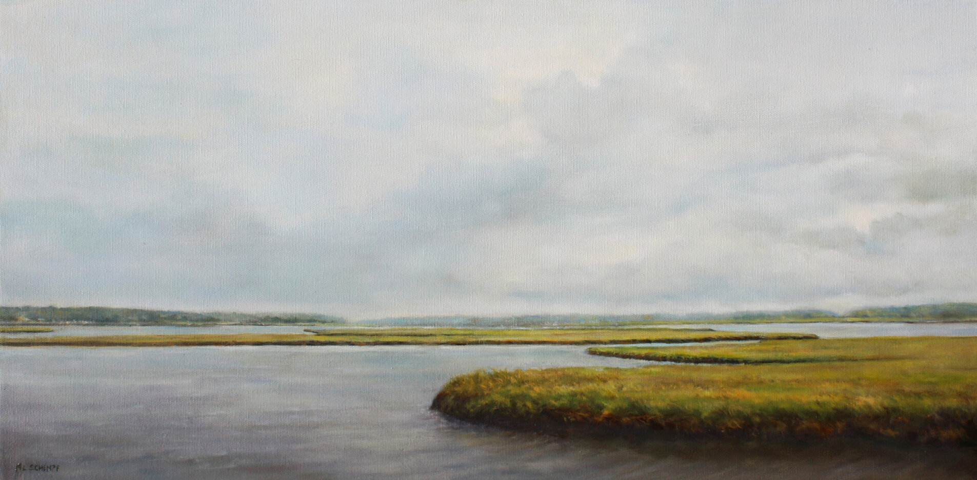  Mary Lou Schempf  Spring Marsh, Westport Mass,    12” x 24’”, oil on canvas  (available)  