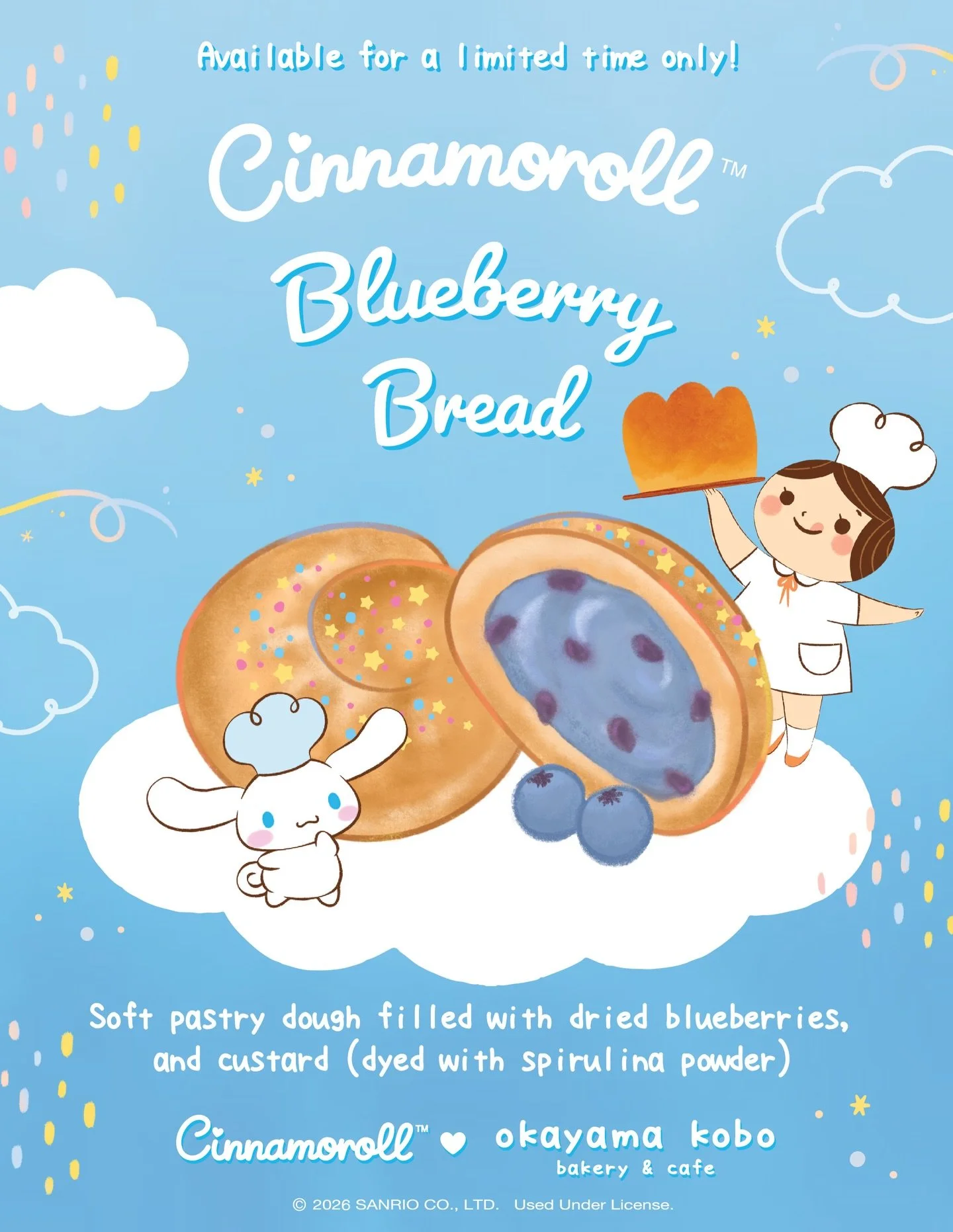 ✨@OfficialCinnamoroll x Okayama Kobo Exclusive Items! ✨

We&rsquo;re so excited to introduce our limited-time Cinnamoroll inspired treats! 💙

🫐 Cinnamoroll Blueberry Bread &ndash; Soft pastry dough filled with dried blueberries and a dreamy blue cr
