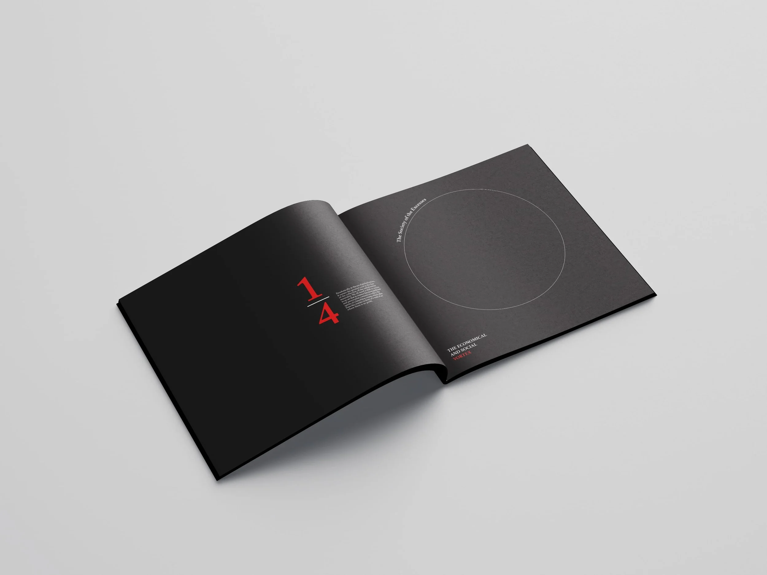 Book design and typography project featuring black spreads, white text, and red page numbers.