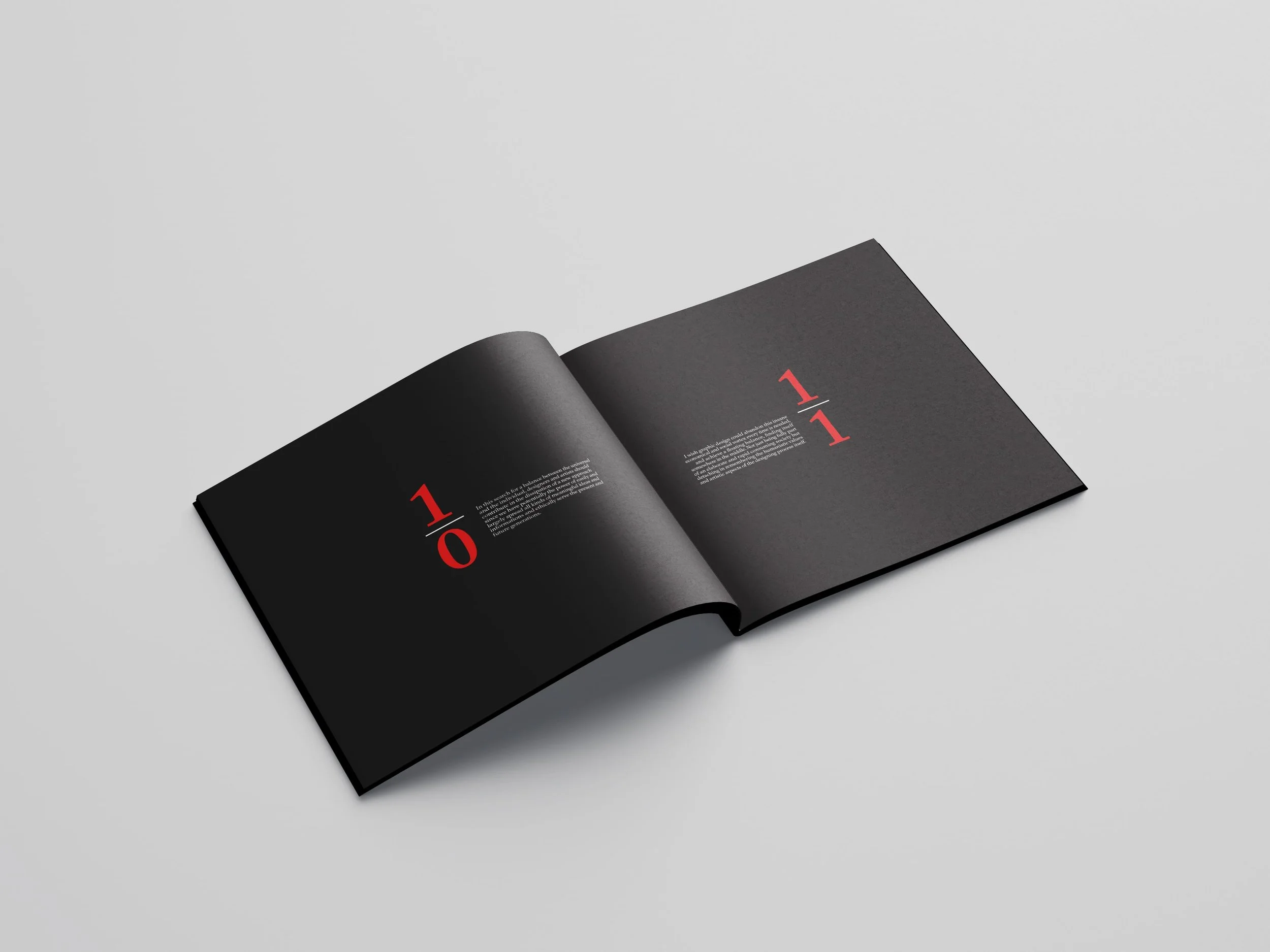 Modern editorial layout design with black pages, white typography, and red page numbers.