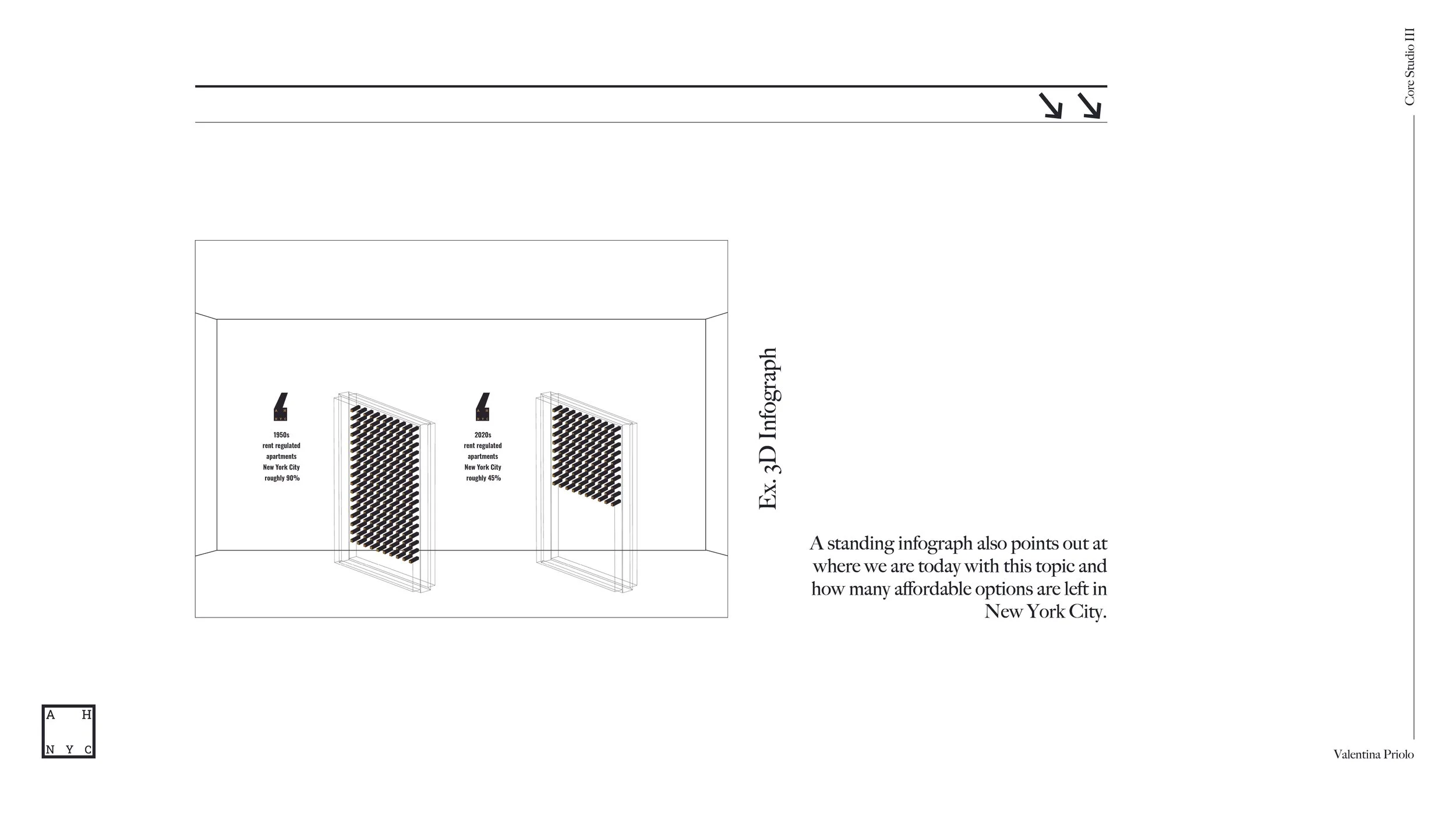 Conceptual 3D exhibition space for The Affordable Housing New York City featuring minimalist gallery installation design, spatial branding elements, and clean architectural presentation of the visual identity system.