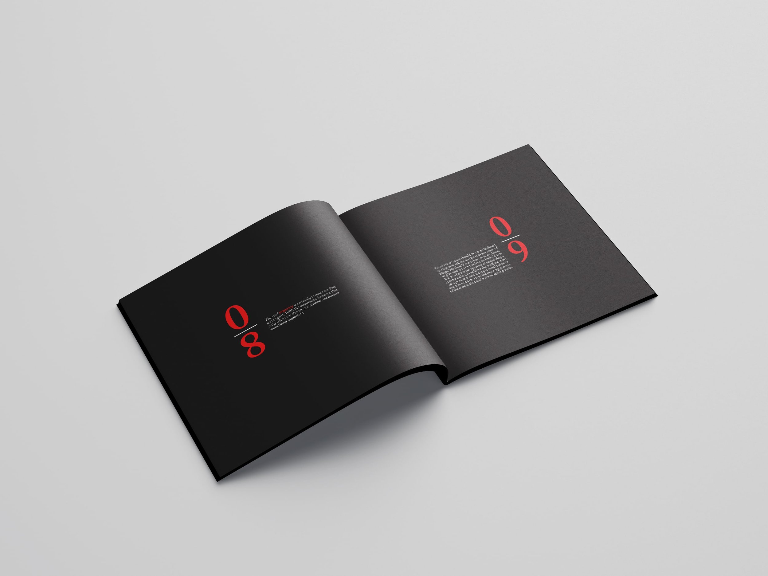 Experimental editorial book design with high-contrast typography and bold red numeric elements.