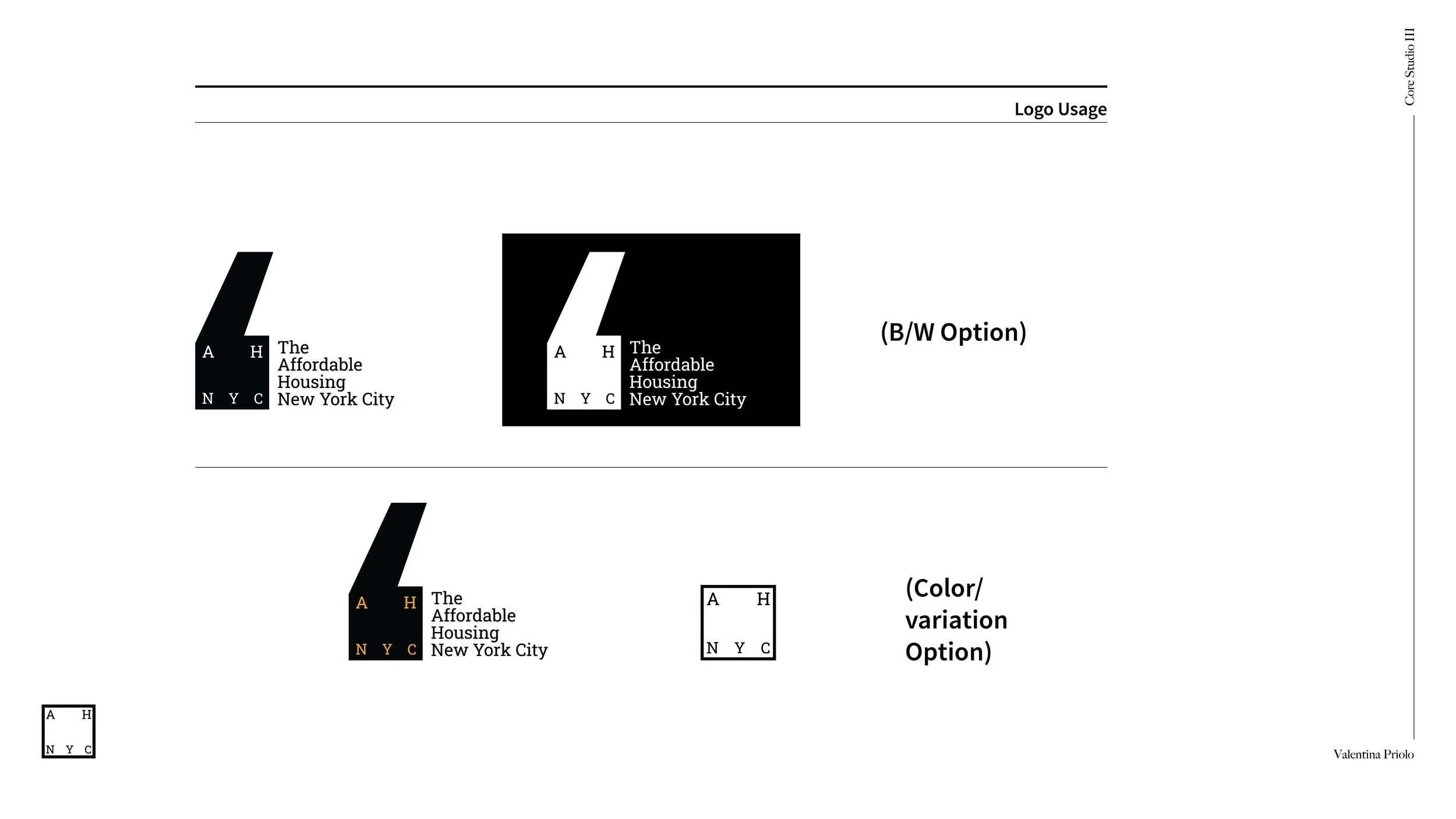 Branding system slide for “The Affordable Housing New York City” exhibition showcasing logo design and application of the color palette across the visual identity system.