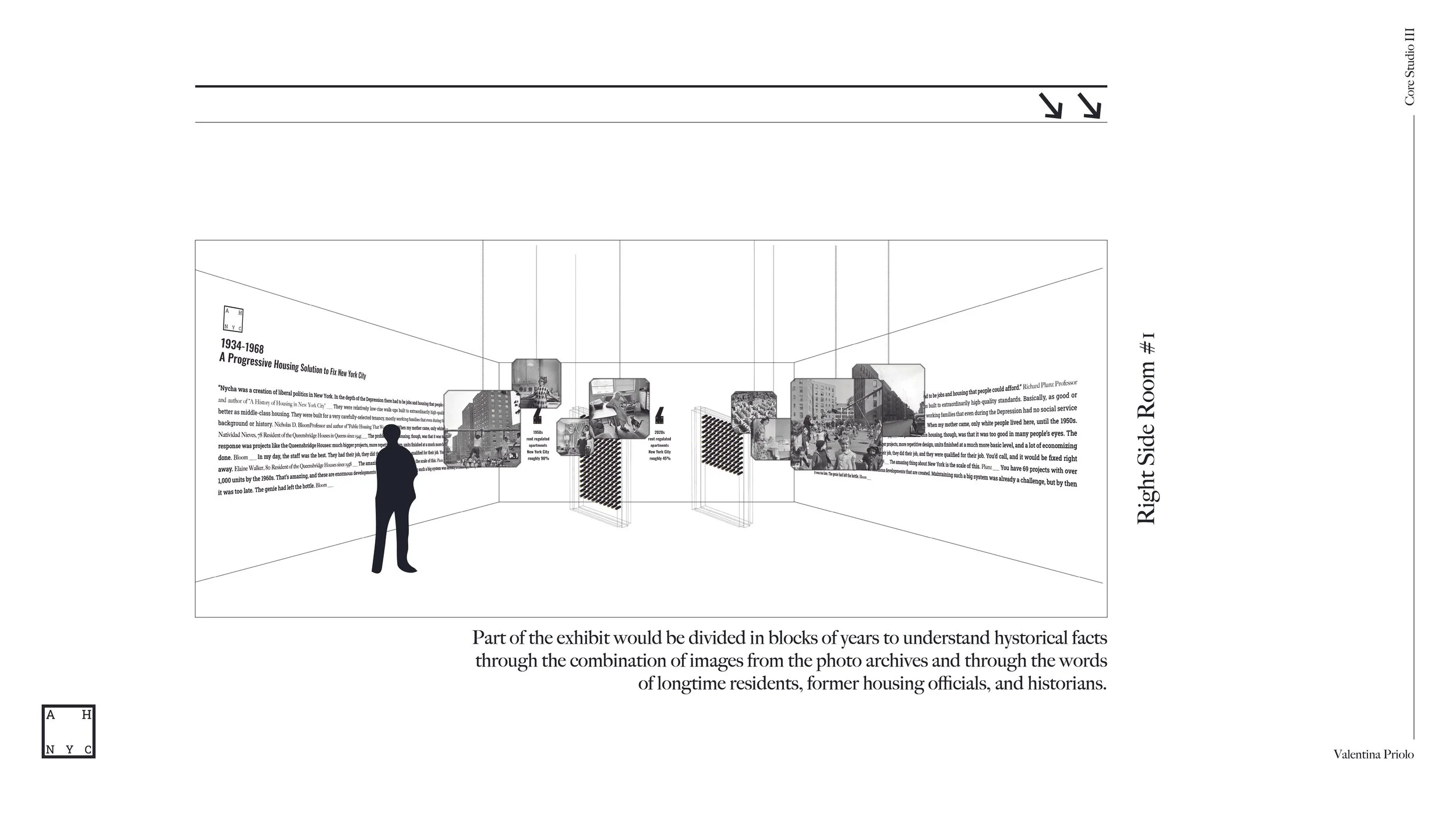 Gallery installation visualization for The Affordable Housing New York City exhibition showing a minimal 3D space with integrated branding system and architectural layout design.