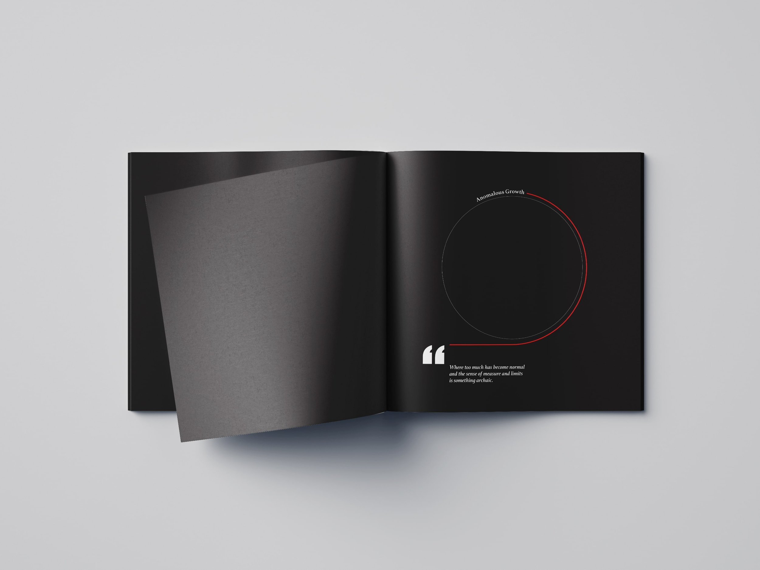 Contemporary editorial design with dramatic black pages and red typographic accents for infographics.