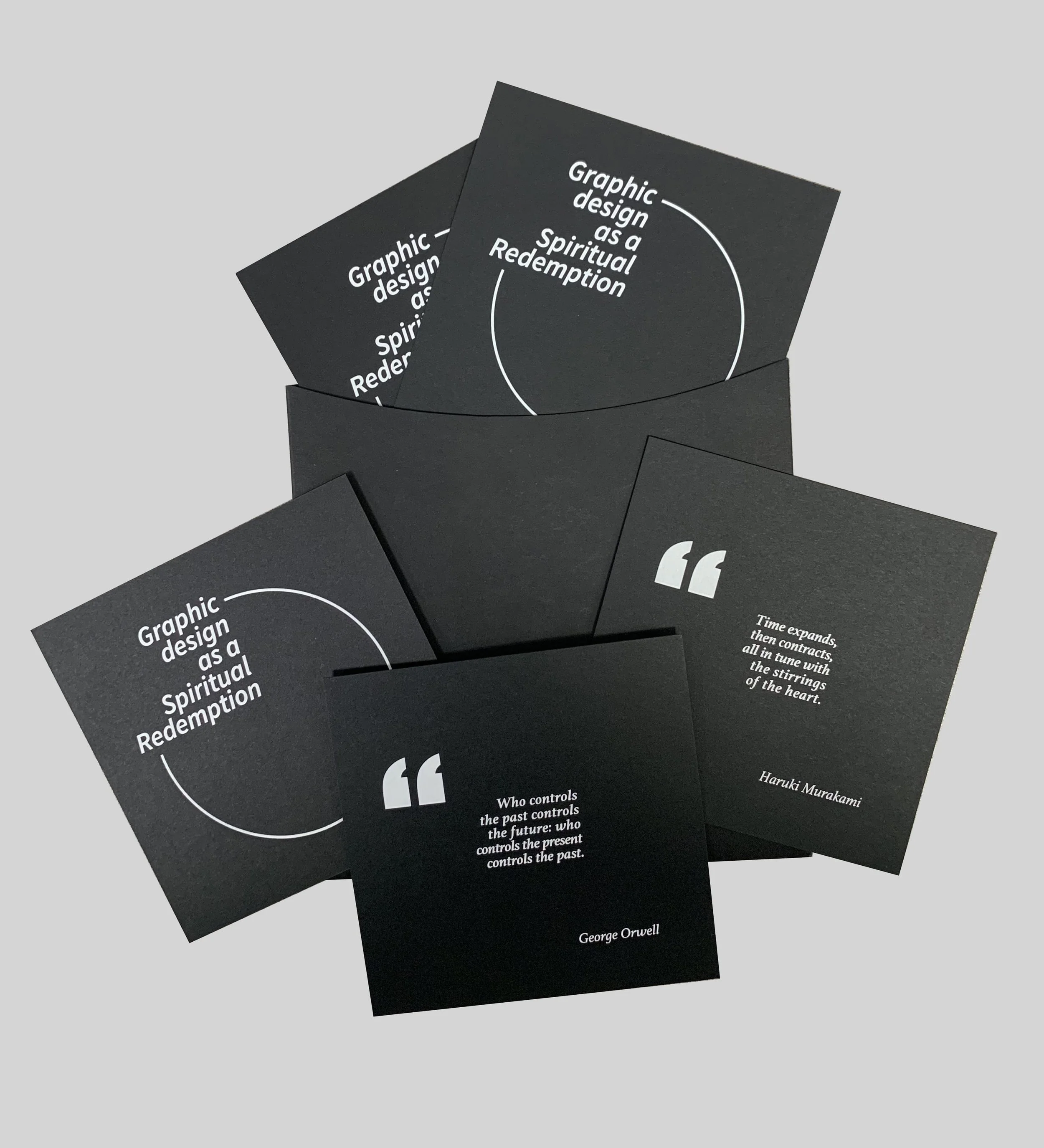 Five black square cards arranged in a fan composition on a light gray background, featuring white typography with graphic design quotes and phrases, including a George Orwell quote.