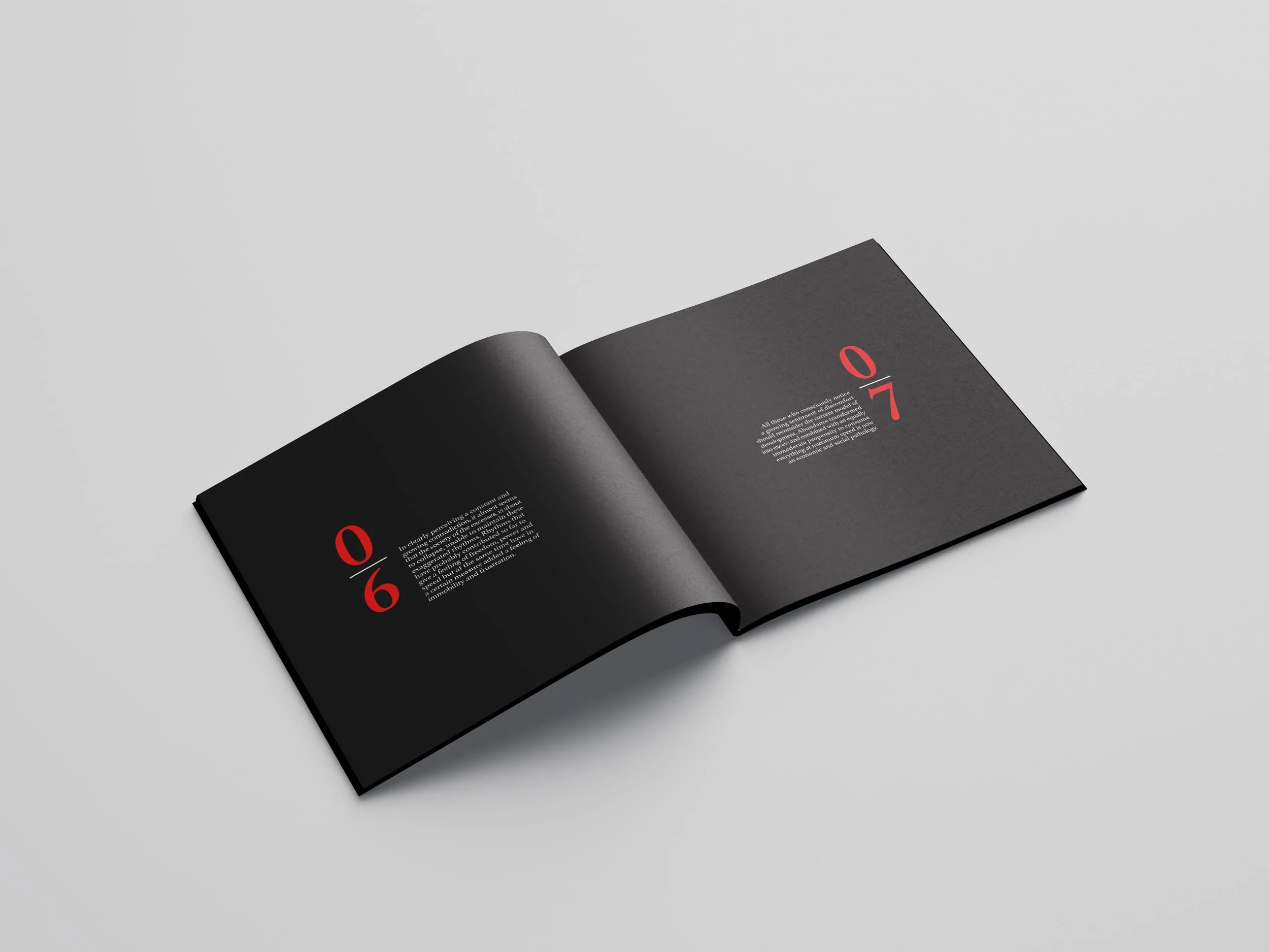 Typography-driven book design with black pages, white lettering, and striking red pagination.
