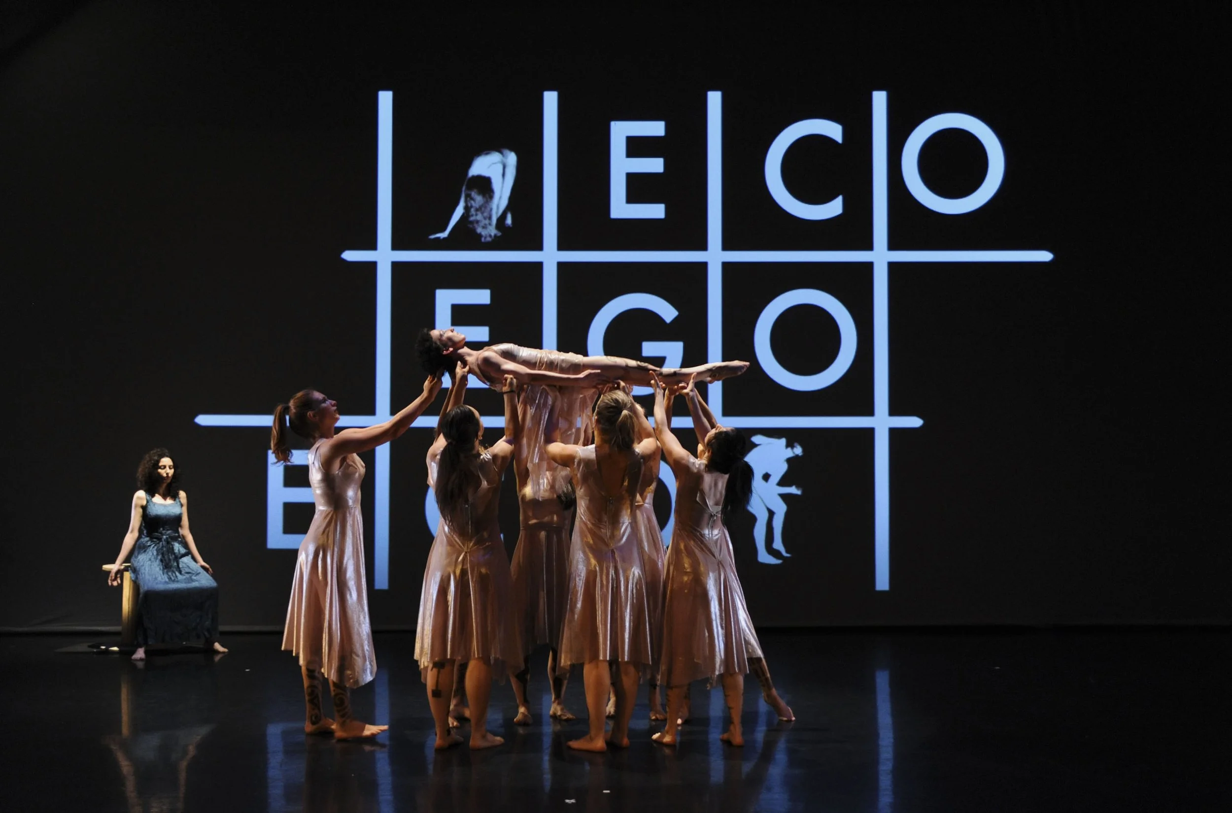 Valentina Priolo performing an interdisciplinary piece of contemporary dance theater and video design for Overground Physical Theater Dance Company.