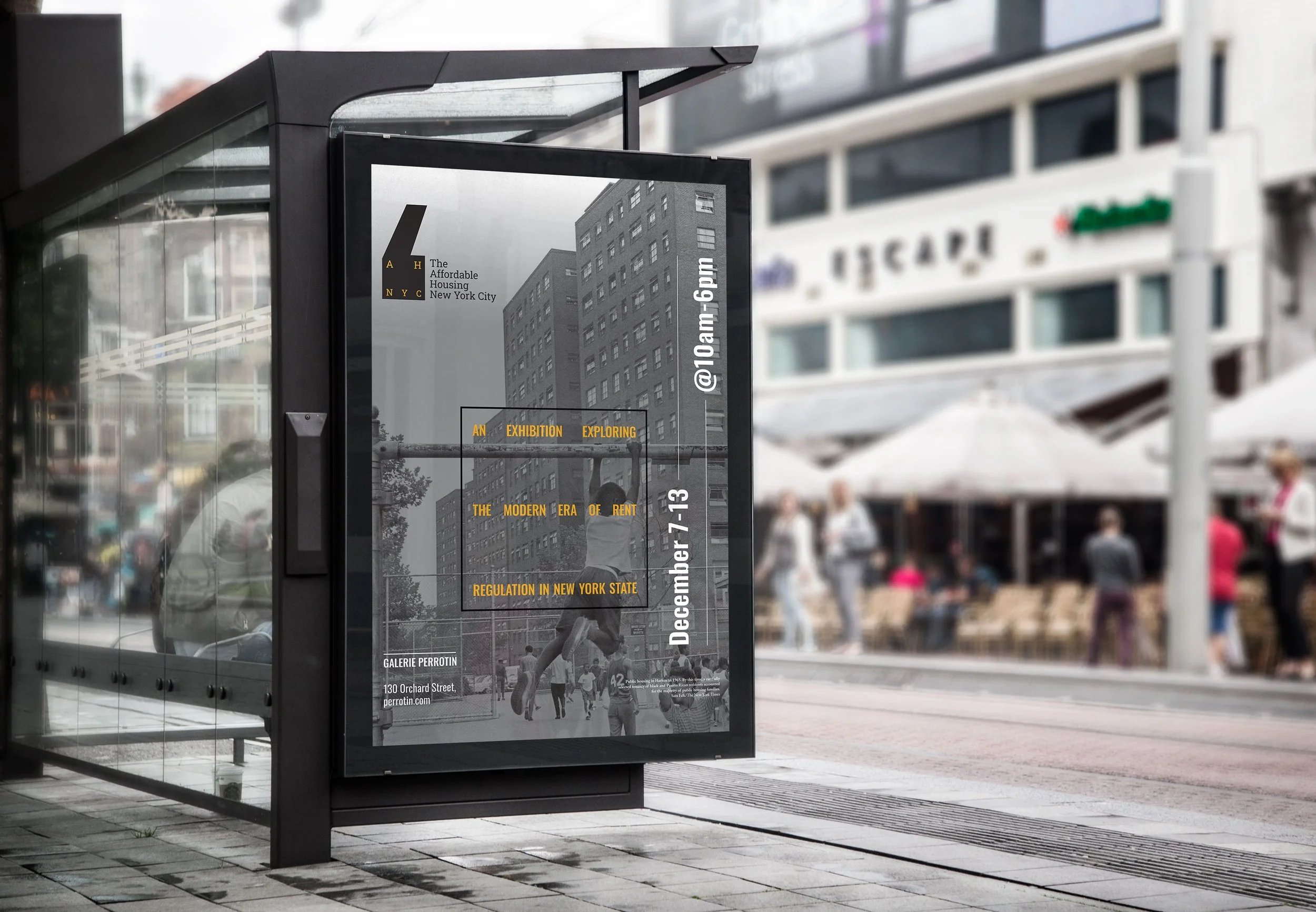 Promotional poster design for the “Affordable Housing New York City” exhibition displayed at a bus stop.