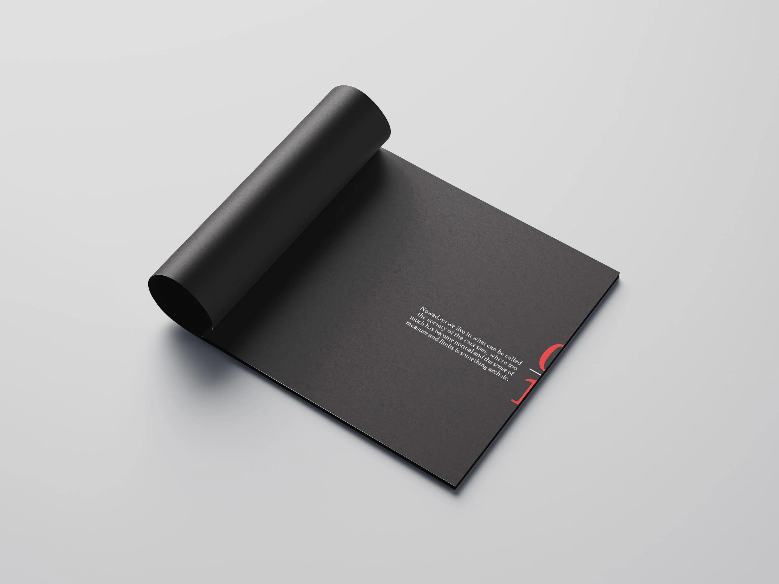 Black booklet design with a partially open curled cover, revealing white typography and a small red graphic on the inside page, displayed on a light gray background.