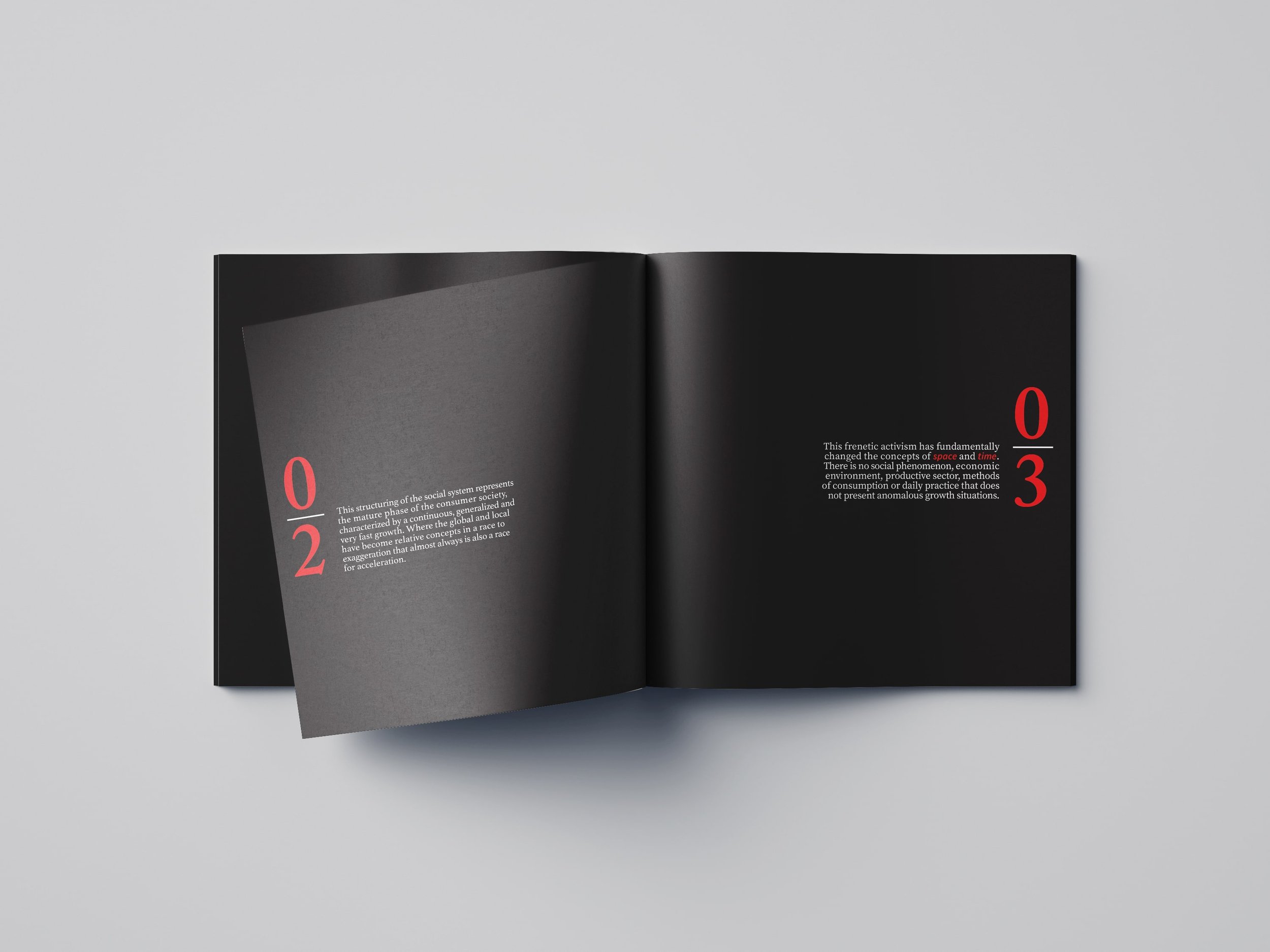 Editorial book design with black pages, white typography, and bold red page numbers in a minimalist modern layout.