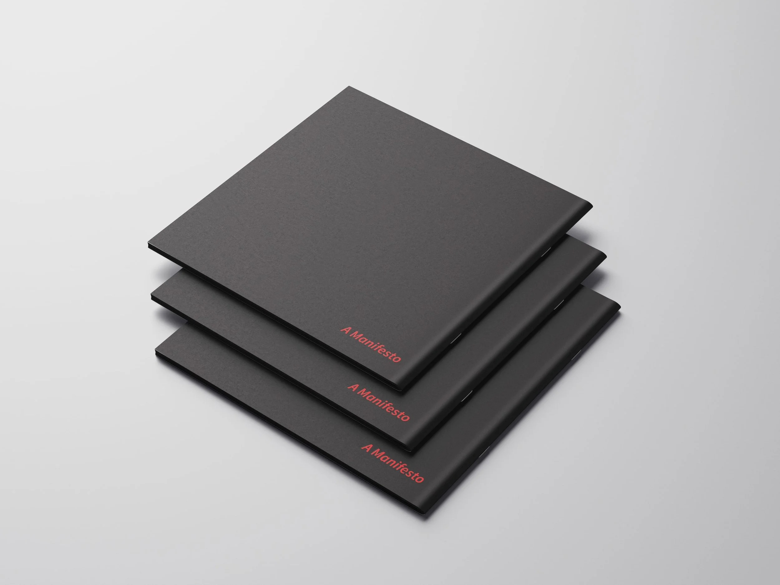 Back cover of an editorial book design with black pages, white typography, and bold red page numbers in a minimalist modern layout.