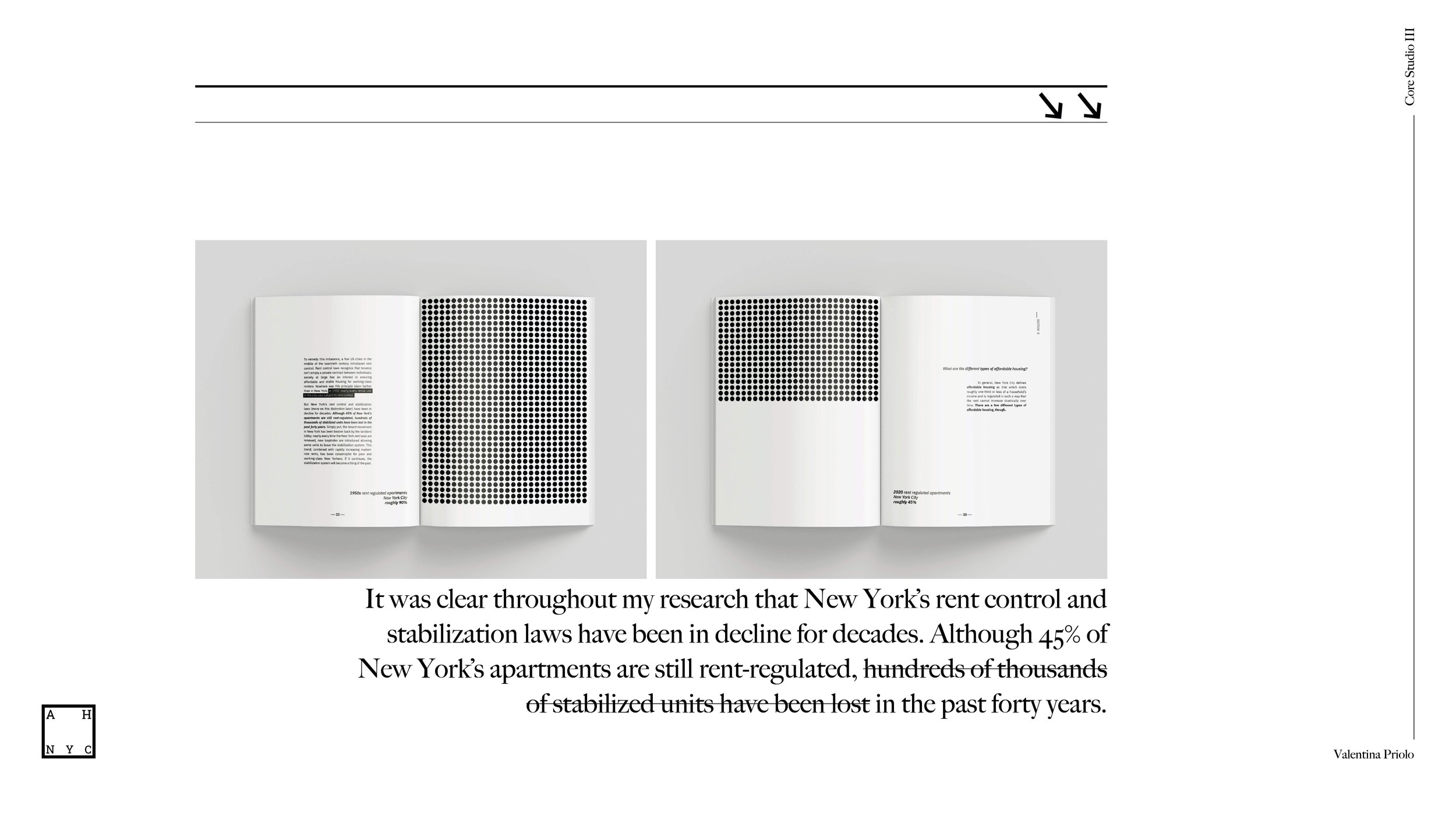 Presentation slide for The Affordable Housing New York City exhibition concept deck showing logo design, branding system, and research-driven visual storytelling.