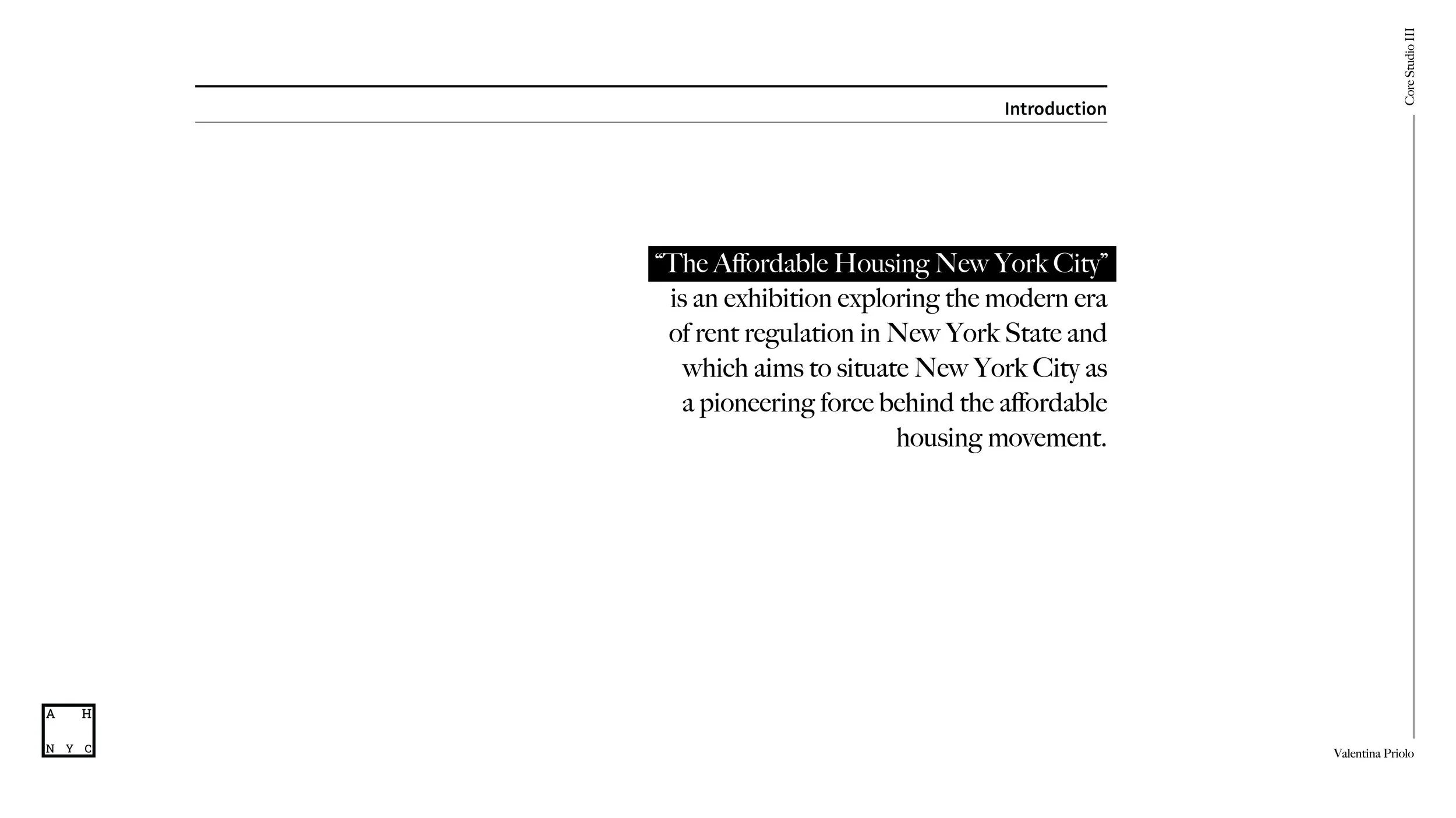 Final branding presentation slide for The Affordable Housing New York City exhibition featuring complete visual identity system, logo design, and motion concept integration.