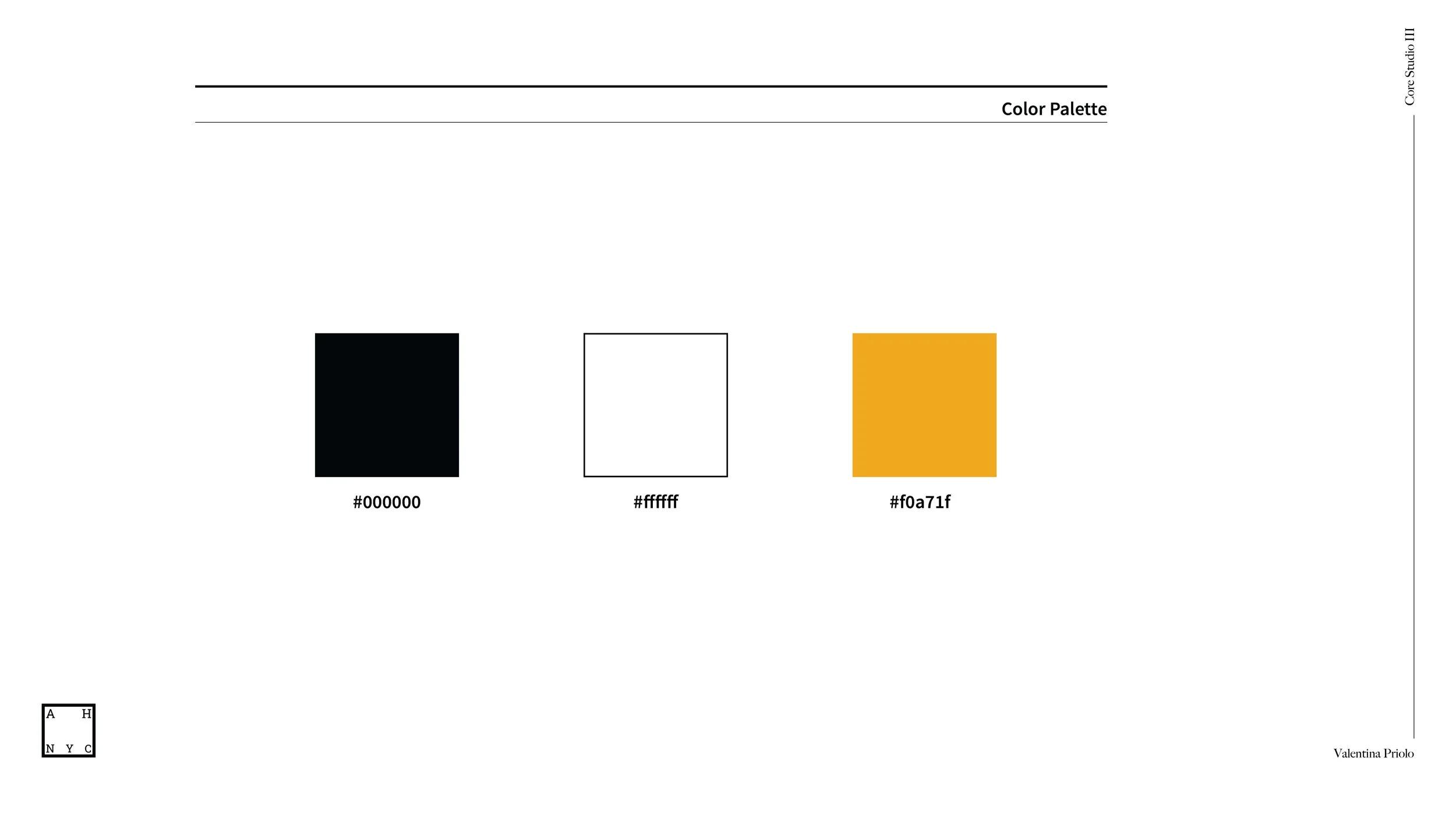 Branding system slide for “The Affordable Housing New York City” exhibition showcasing logo design and application of the color palette across the visual identity system.
