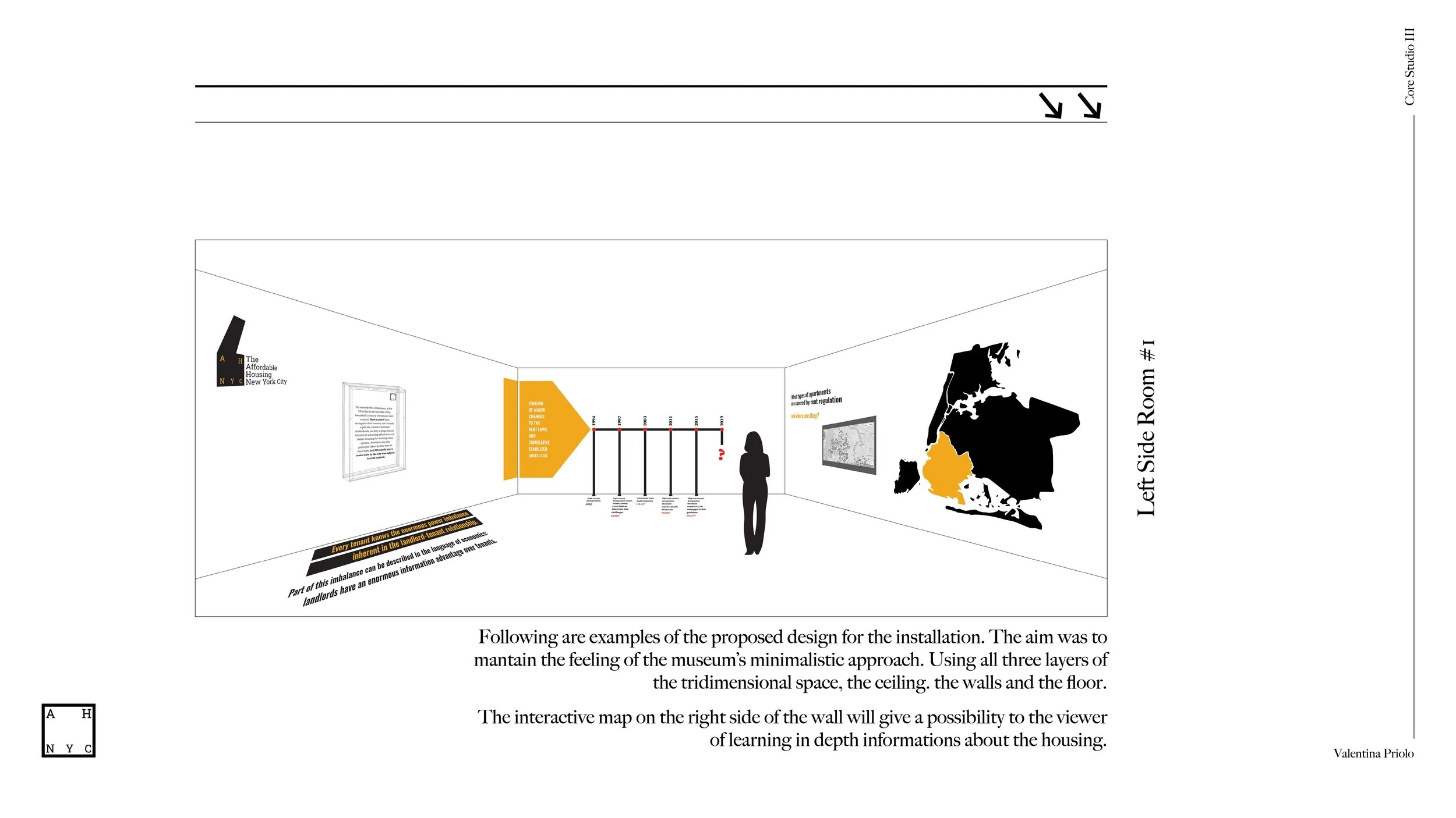 Minimalist 3D gallery installation for The Affordable Housing New York City exhibition featuring clean architectural spatial design and branded visual identity elements in an immersive exhibition environment.
