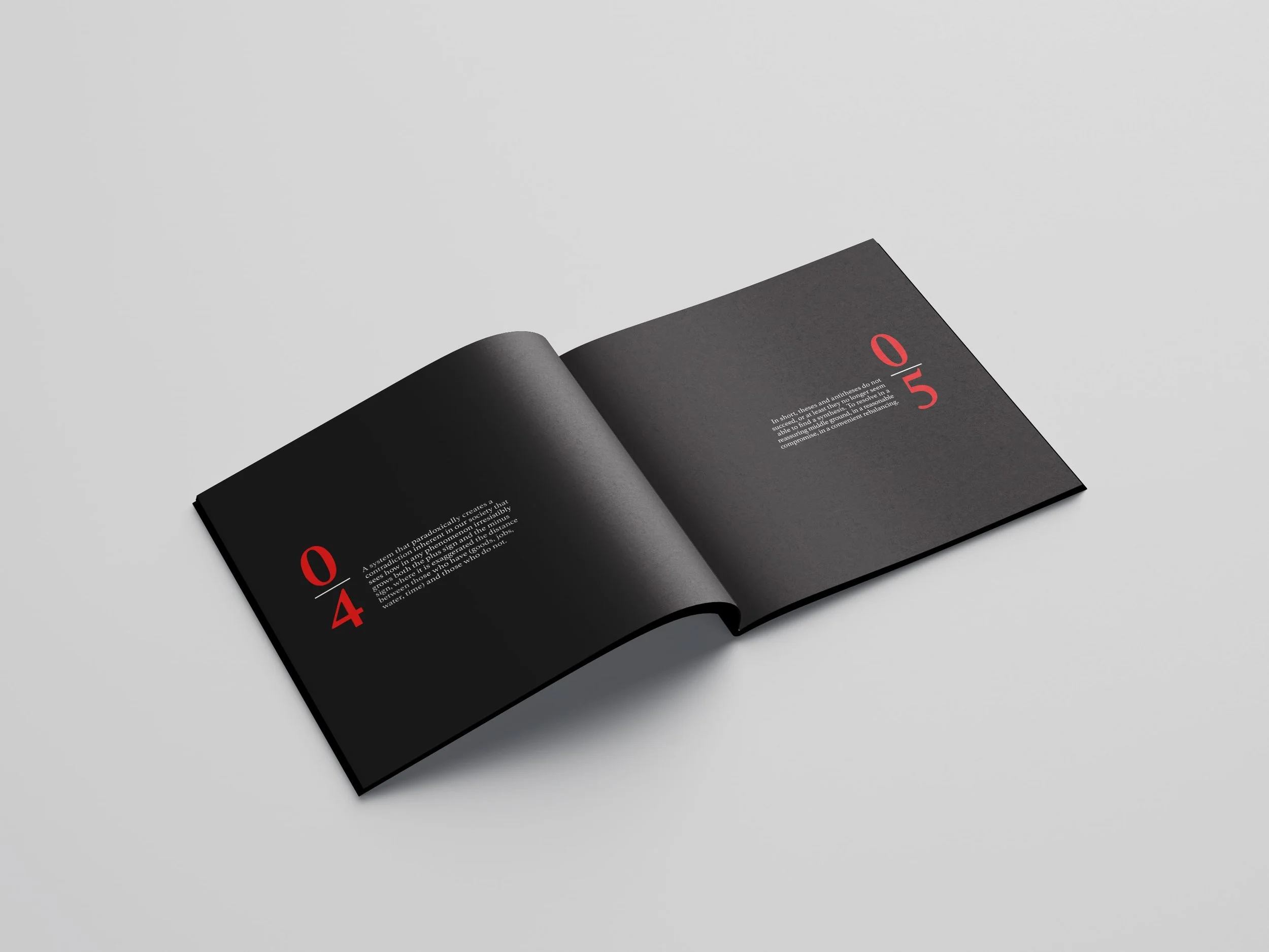 Minimalist editorial design featuring black pages, white text, and red page numbers in a contemporary book layout.