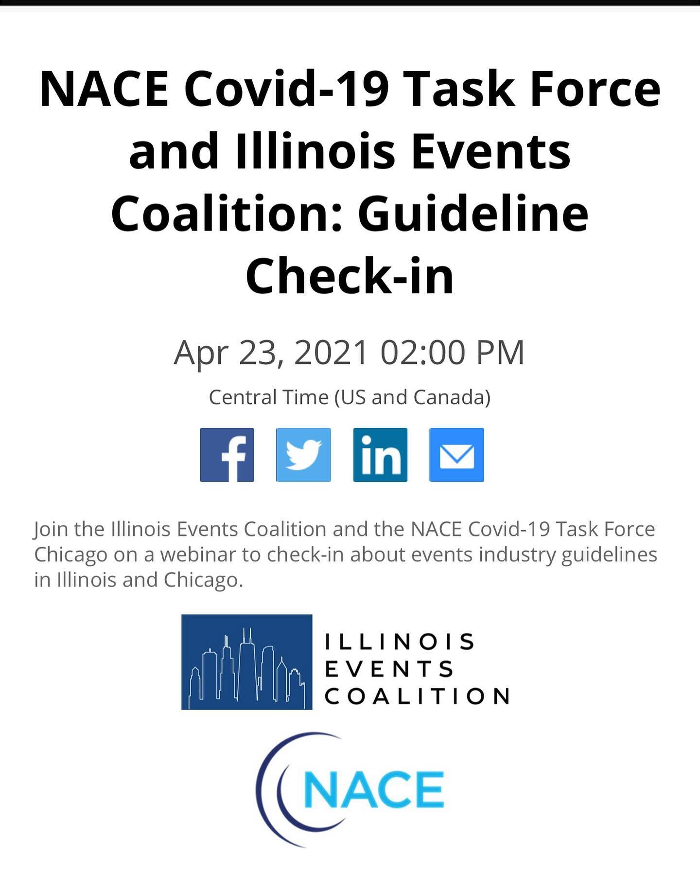 Join us today at 2:00 pm! 

It's been a while since the Illinois Events Coalition and the NACE Covid-19 Task Force (Chicago/IL) has checked in with the industry. 

We thought that it would be helpful to host a webinar this week to review the current 
