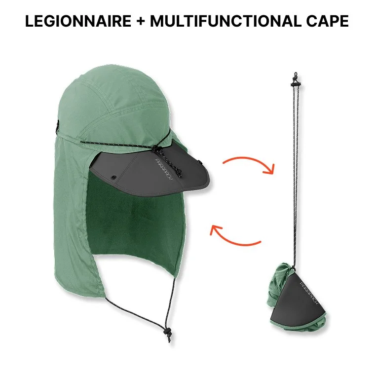 legionnaire style, cap with cape, neck cover, foldable, packable hat, slim packing, extra wide and deep brim, UPF 50, sun protection, quick-dry, recycle material, one-size-fits-most, adjustable fit on adult and children head sizes, unisex