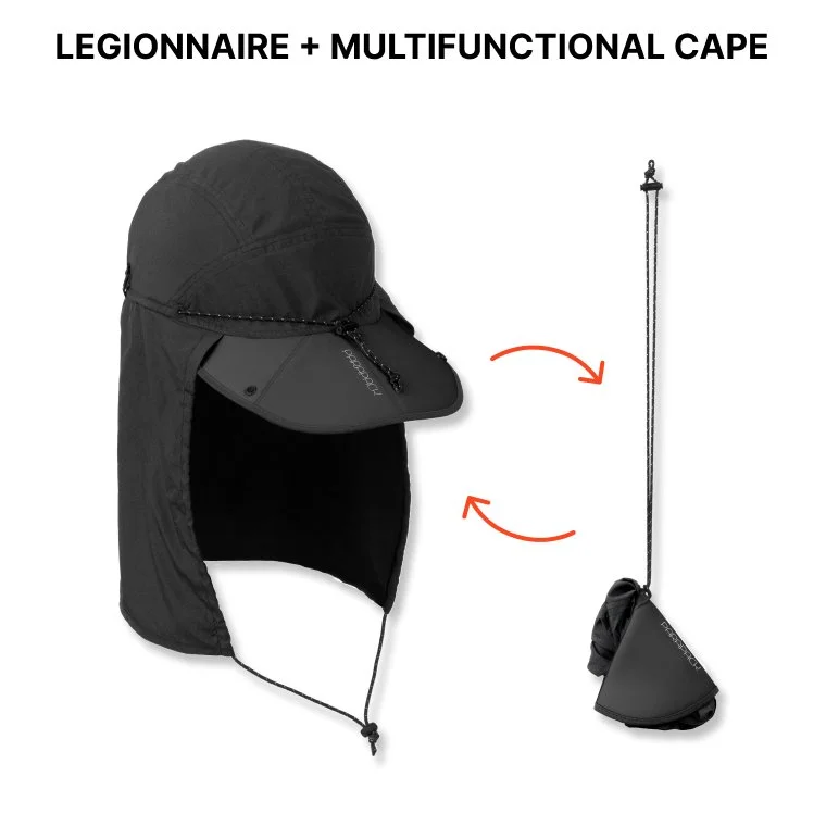 legionnaire style, cap with cape, neck cover, foldable, packable hat, slim packing, extra wide and deep brim, UPF 50, sun protection, quick-dry, recycle material, one-size-fits-most, adjustable fit on adult and children head sizes, unisex