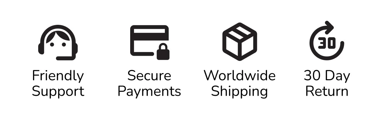 Icons with text that read Friendly Support, Secure Payments, Worldwide Shipping, 30 Day Return.