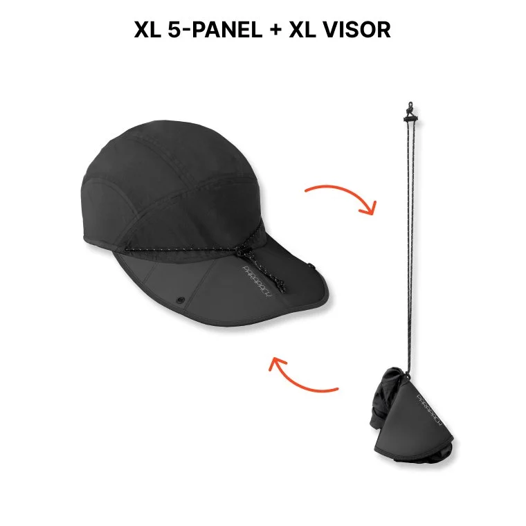 Extra large, 5-panel, soft brim visor, foldable, packable hat, UPF 50, sun protection, quick-dry, recycle material, one-size-fits-most, adjustable fit on adult and children head sizes, unisex, large head