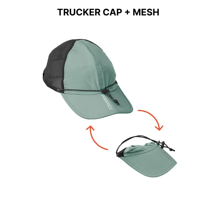 6-panel style, trucker hat, mesh panel cap, foldable, packable hat, slim packing, travel headwear, easy-to-store, UPF 50, sun protection, quick-dry, recycle material, one-size-fits-most, adjustable fit on adult and children head sizes, unisex
