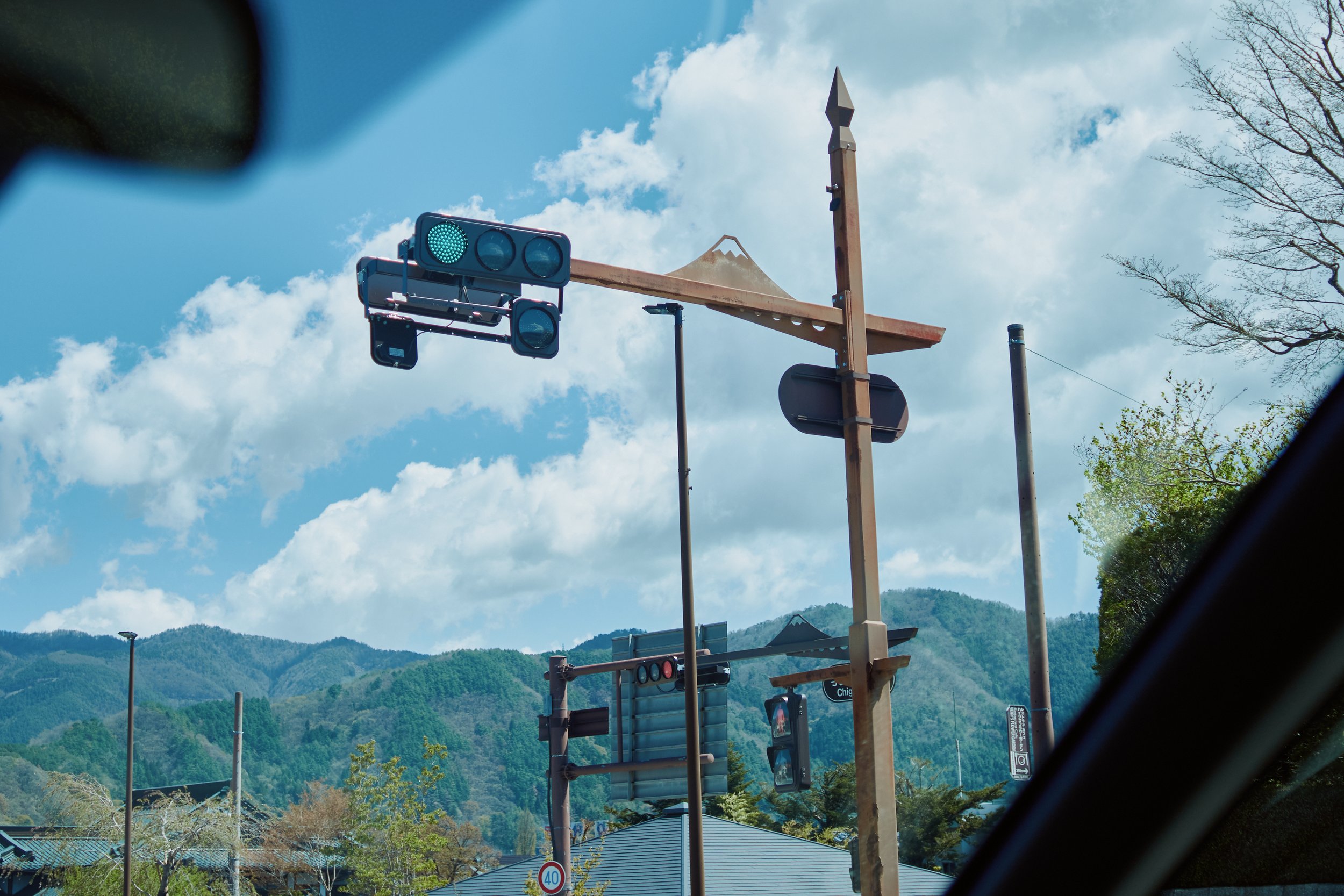 Mt. Fuji shape decoration on traffic lights in Fujiyoshida, Japan travel, hiking, camping, tourist destination
