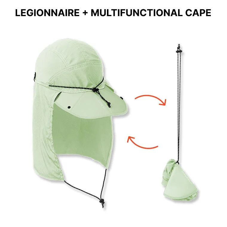 legionnaire style, cap with cape, neck cover, foldable, packable hat, slim packing, extra wide and deep brim, UPF 50, sun protection, quick-dry, recycle material, one-size-fits-most, adjustable fit on adult and children head sizes, unisex
