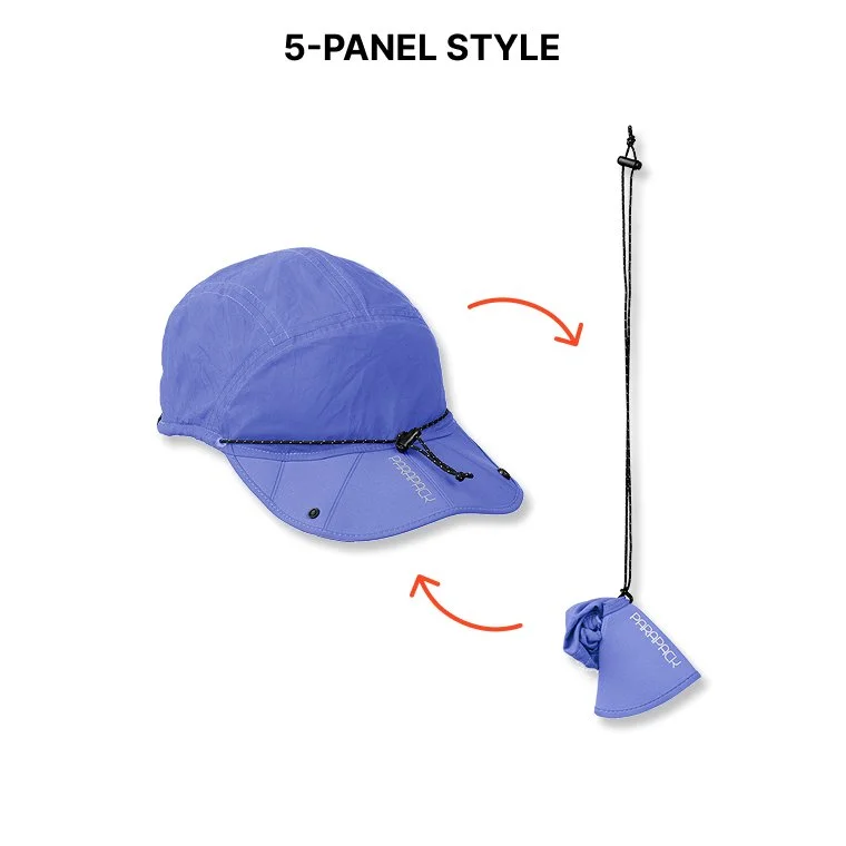 5-panel, soft brim visor, foldable, packable hat, UPF 50, sun protection, quick-dry, recycle material, one-size-fits-most, adjustable fit on adult and children head sizes, unisex, inspired by parachute and origami